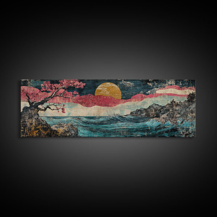 Gold Sun Ocean Wave Canvas Print, Cherry Blossom Japanese Wall Art, Coastal Seascape Art, Large Living Room Decor, Home Decor