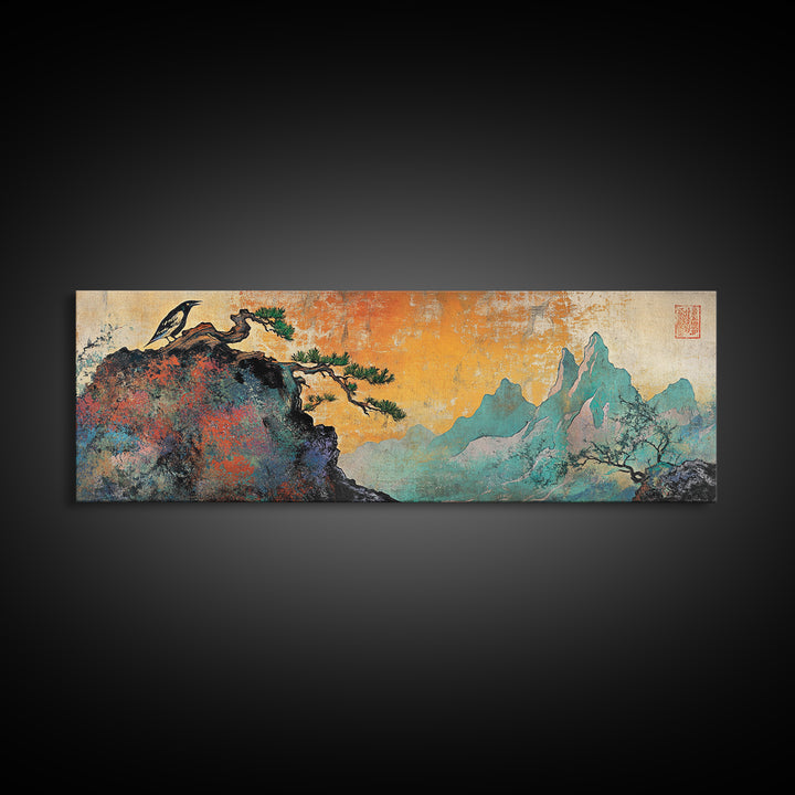 Soaring Bird Rocky Cliff Canvas Print, Teal Mountain Landscape Wall Art, Japanese Nature Art, Large Panoramic Home Decor