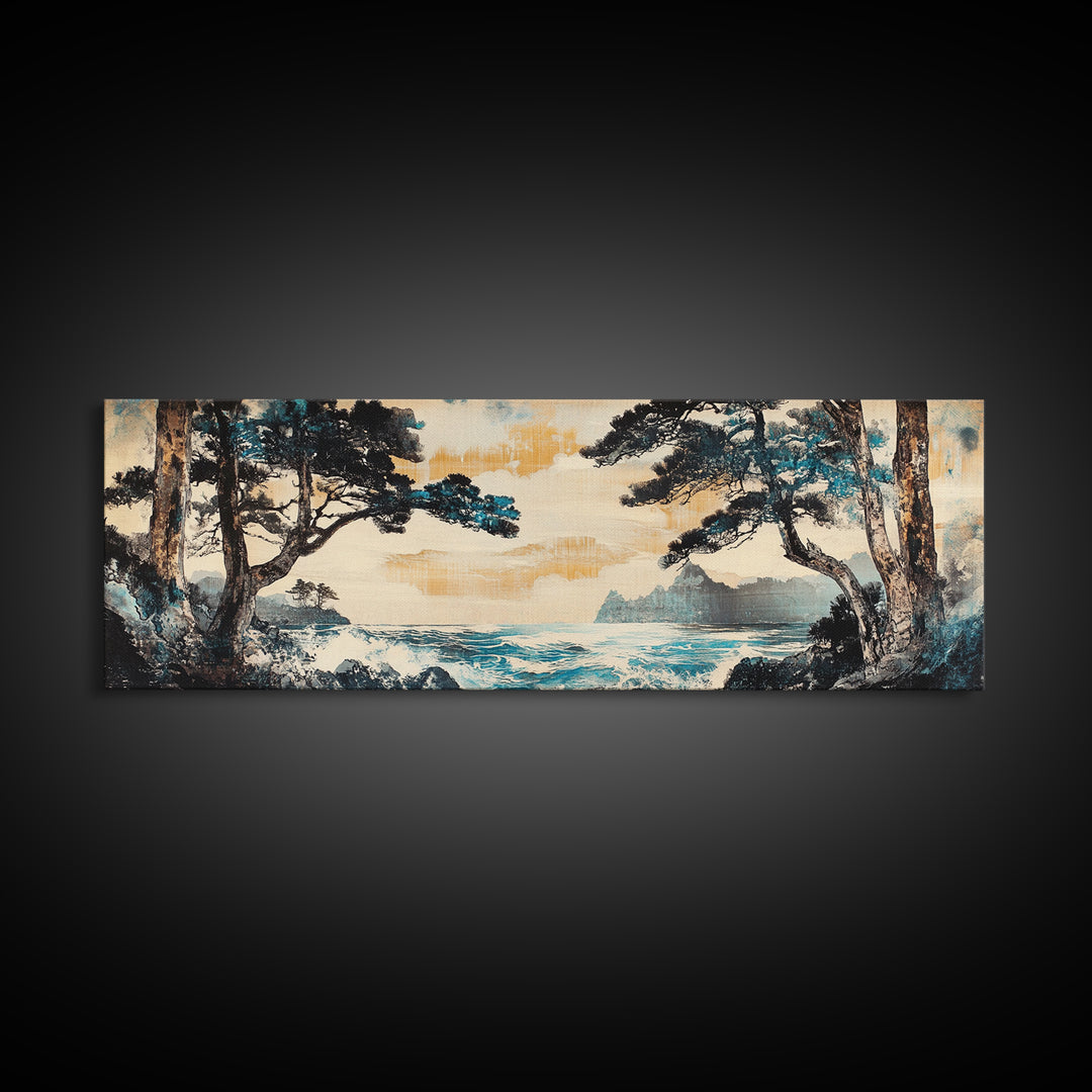 Misty Coastal Cove Canvas Print, Pine Tree Seascape Wall Art, Japanese Inspired Landscape, Large Panoramic Living Room Home Decor