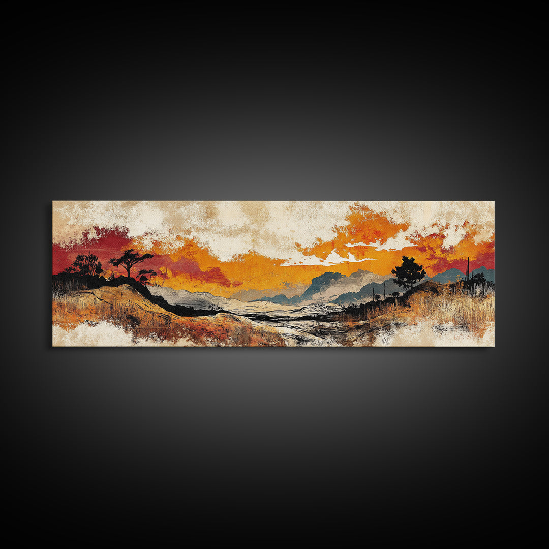 Autumn Valley Sunset Canvas Print, Orange Mountain Landscape Wall Art, Rustic Nature Art, Large Panoramic Home Decor Print
