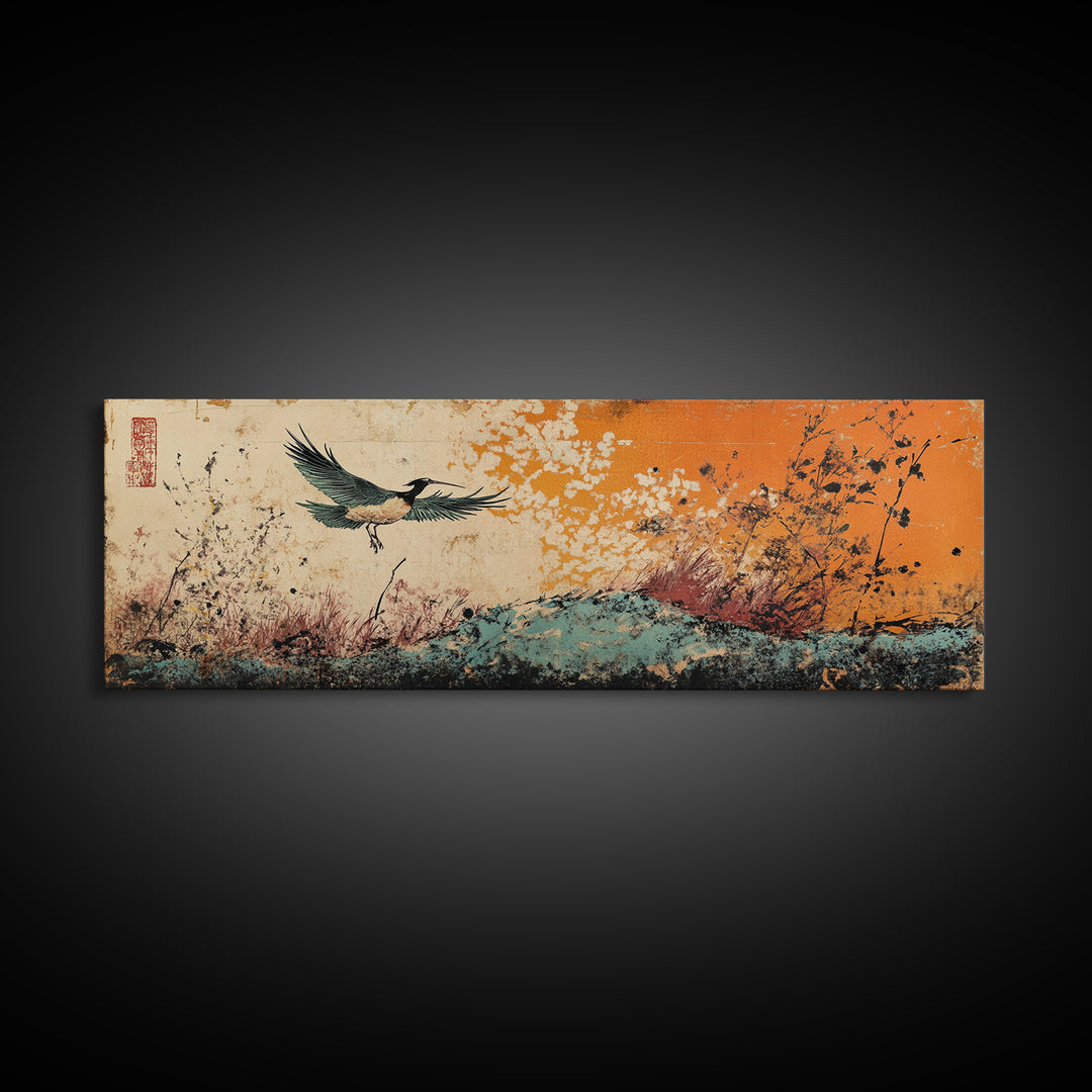 Flying Crane Over Floral Meadow Canvas Print, Japanese Bird Wall Art, Orange Sky Nature Art, Large Living Room Home Decor