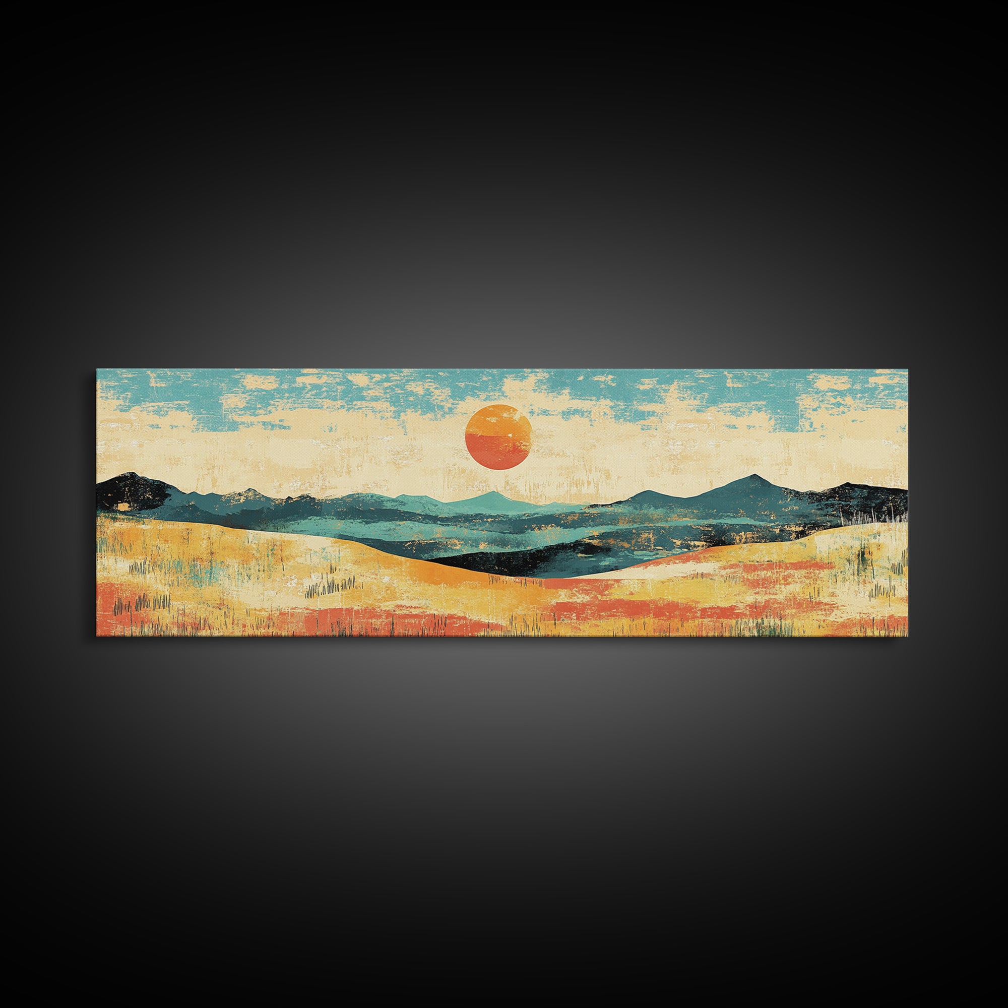 Sun Over Rolling Hills Canvas Print, Minimalist Landscape Wall Art, Mid Century Modern Home Decor, Large Living Room Print
