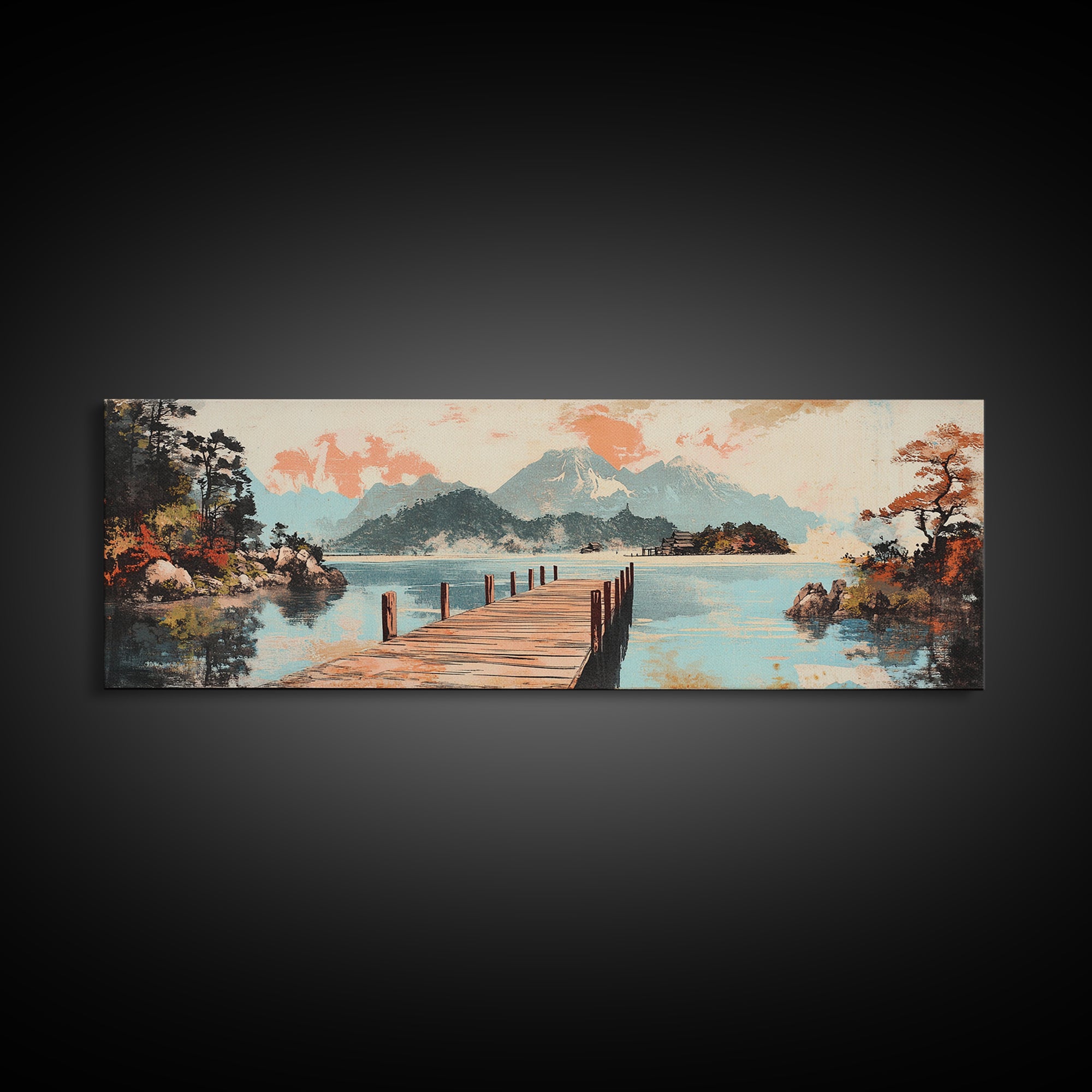Serene Lake Dock And Mountain Canvas Print, Japanese Landscape Art, Coastal Wall Decor, Peaceful Living Room Decor, Above Sofa Wall Art