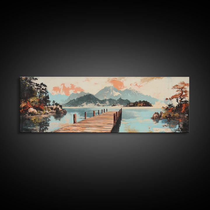 Serene Lake Dock And Mountain Canvas Print, Japanese Landscape Art, Coastal Wall Decor, Peaceful Living Room Decor, Above Sofa Wall Art