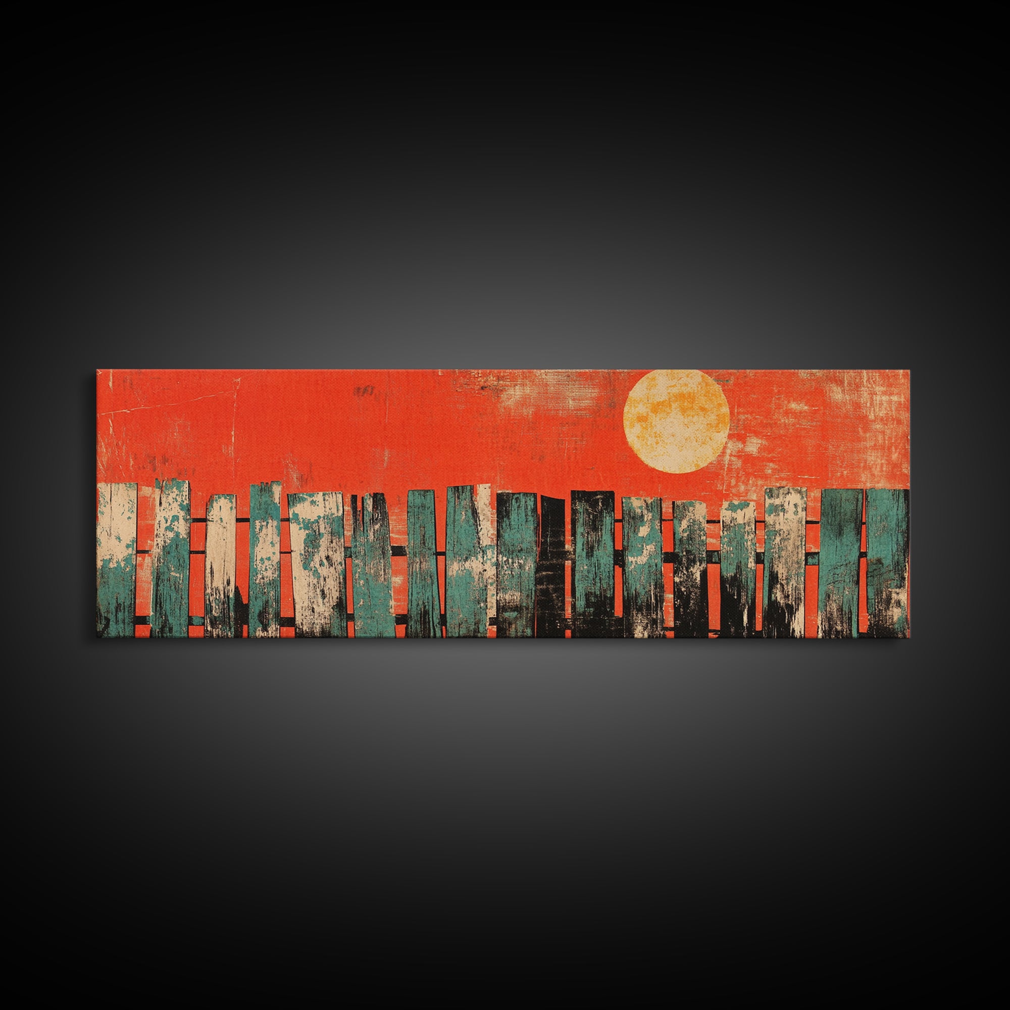Red Sun Abstract Skyline Wall Art, Mid Century Modern Canvas Print, Urban Living Room Decor, Bold Orange City Poster Print