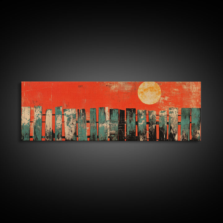 Red Sun Abstract Skyline Wall Art, Mid Century Modern Canvas Print, Urban Living Room Decor, Bold Orange City Poster Print