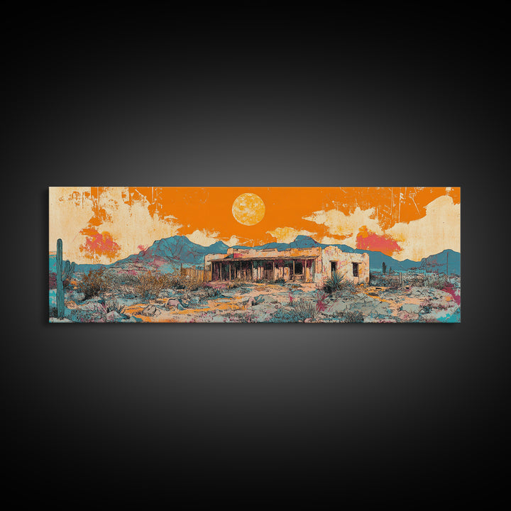 Orange Desert Adobe House Wall Art, Southwestern Landscape Canvas Print, Modern Rustic Home Decor, Santa Fe Style Poster