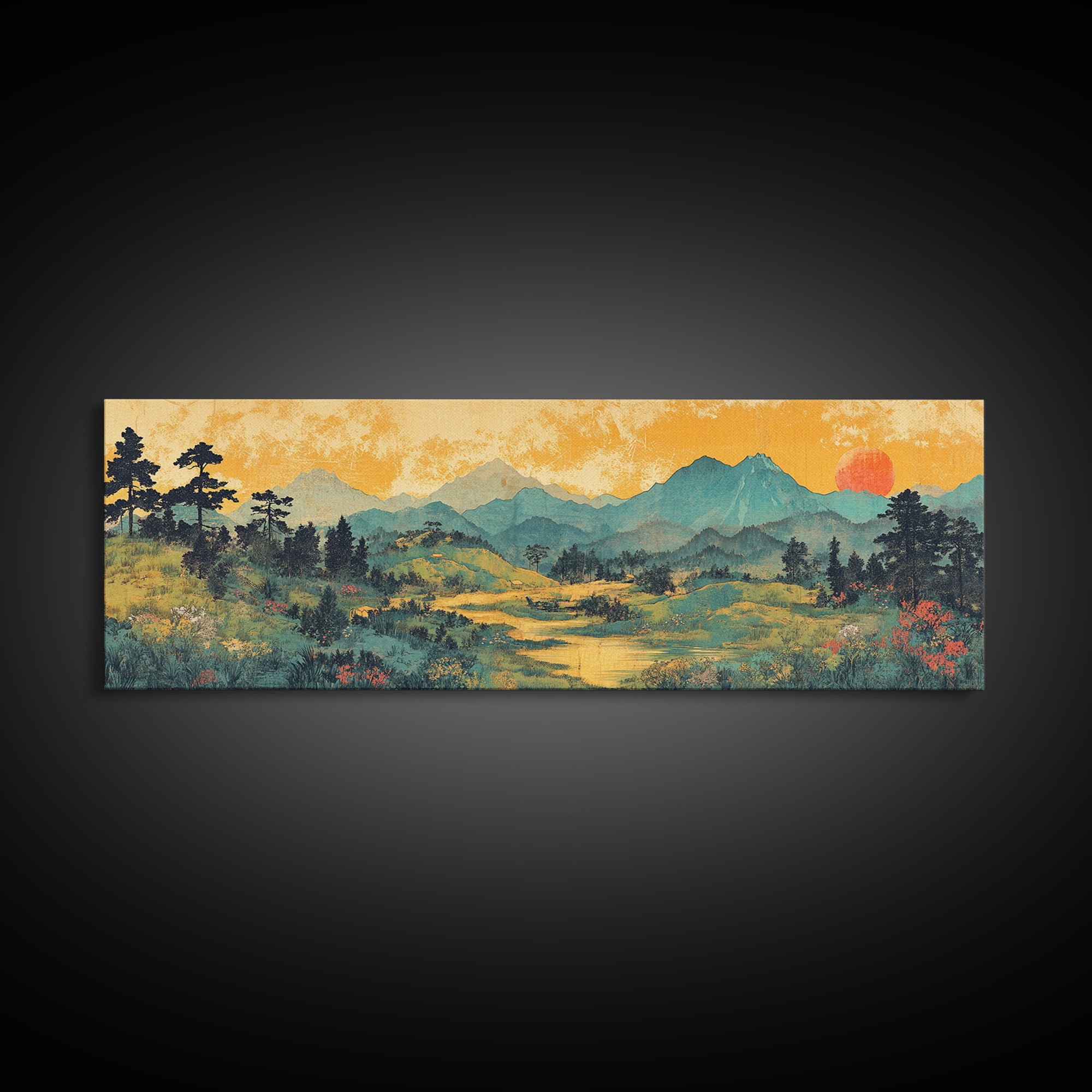 Misty Mountain Meadow Wall Art, Golden Sunrise Landscape Canvas Print, Nature Wall Decor, Above Sofa Living Room Decor Print