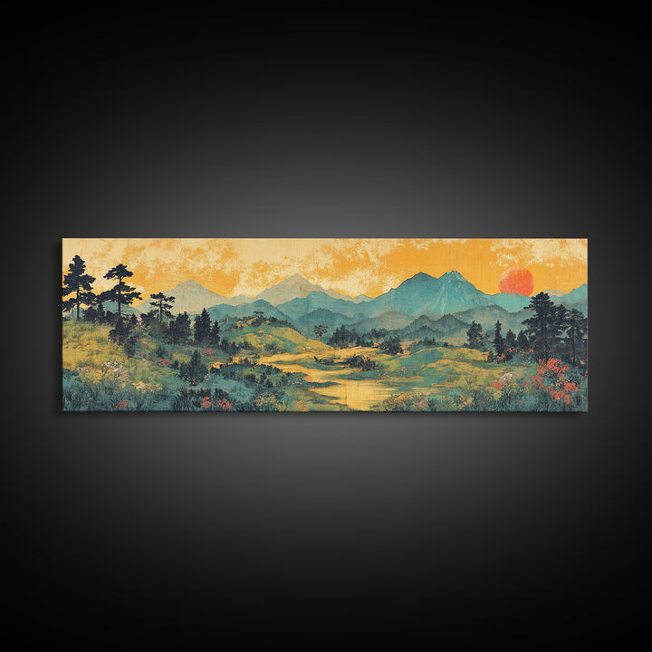 Misty Mountain Meadow Wall Art, Golden Sunrise Landscape Canvas Print, Nature Wall Decor, Above Sofa Living Room Decor Print