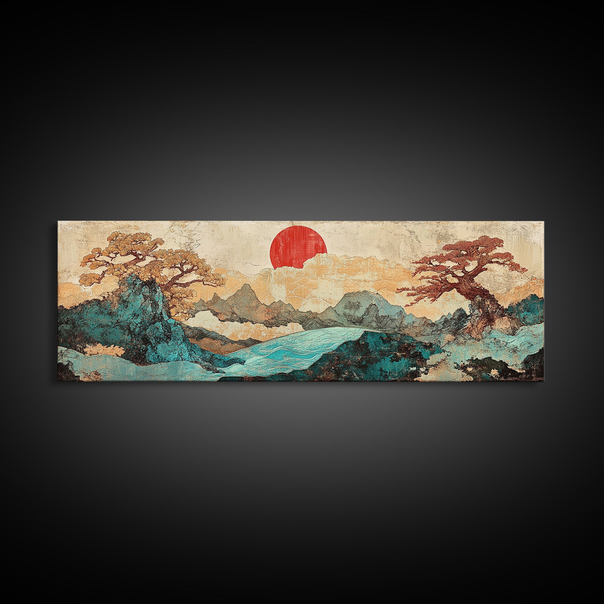 Red Sun Mountain River Landscape Wall Art, Japanese Wall Art, Panoramic Canvas, Japandi Decor, Living Room Wall Decor, Home Decor