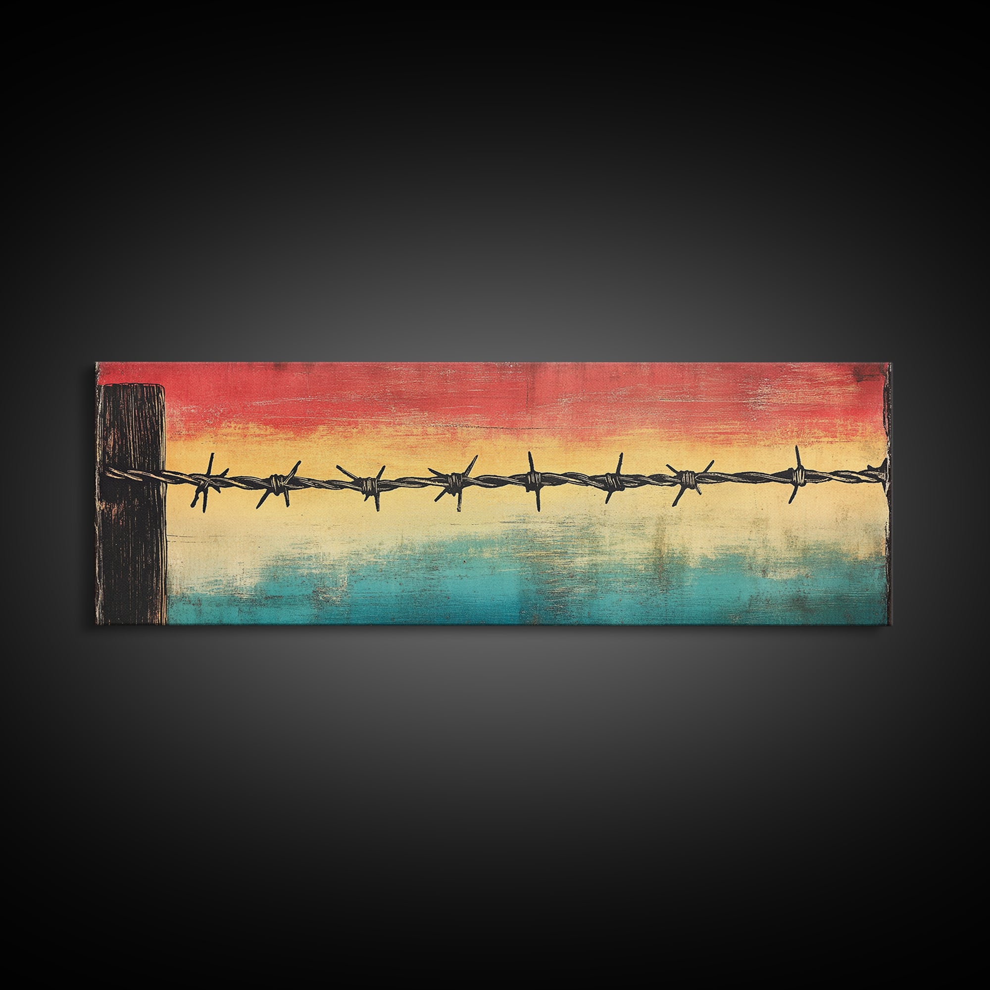 Barbed Wire Sunset Over Water Wall Art, Rustic Industrial Decor, Western Wall Art, Moody Canvas Print, Office Wall Decor