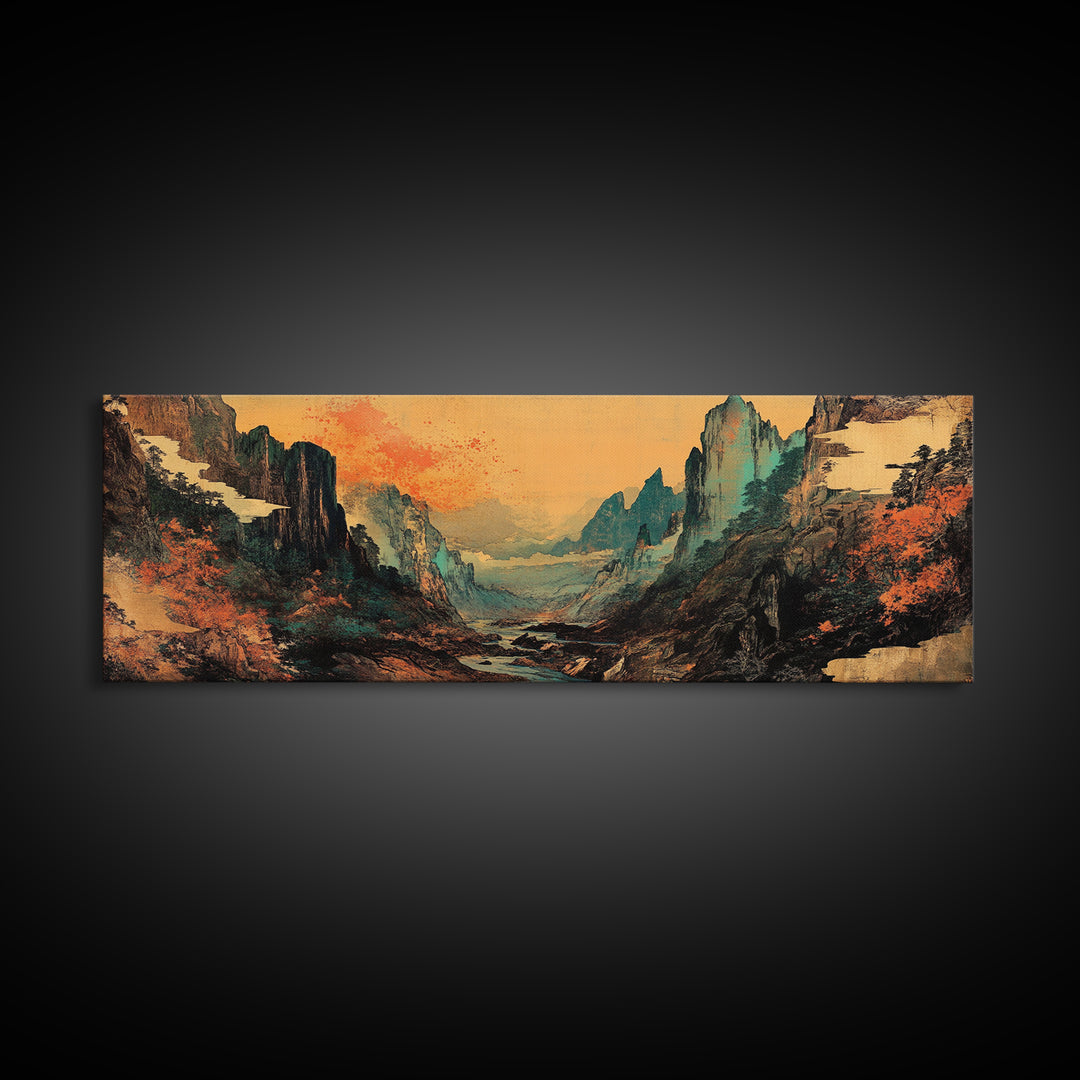 Misty Asian Mountain Valley Wall Art, Japanese Landscape, Zen Home Decor, Panoramic Canvas Print, Moody Living Room Wall Art