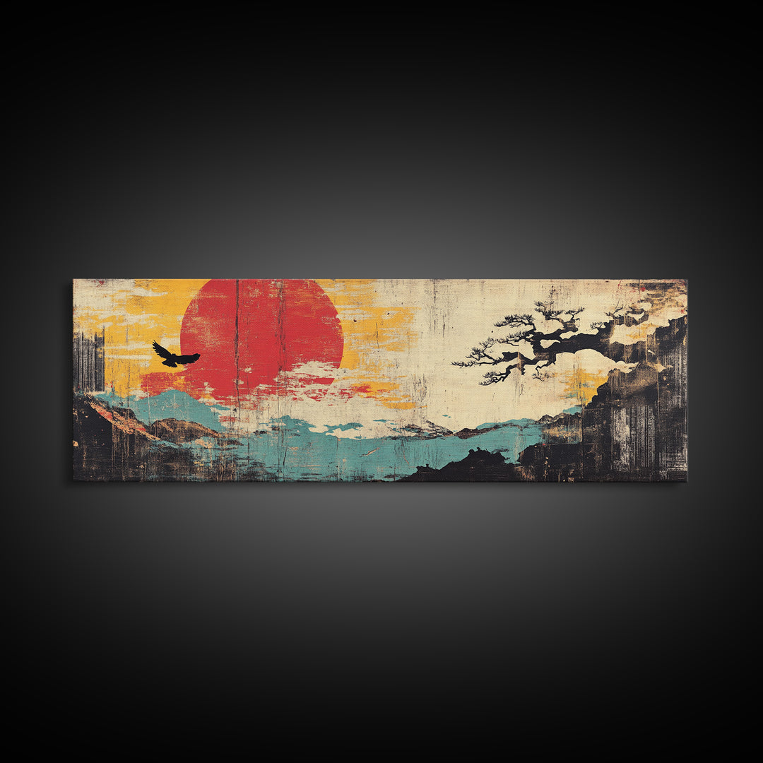 Red Sun Coastal Mountain Wall Art, Japanese Wall Art, Bird Silhouette, Japandi Decor, Panoramic Canvas Print, Home Decor