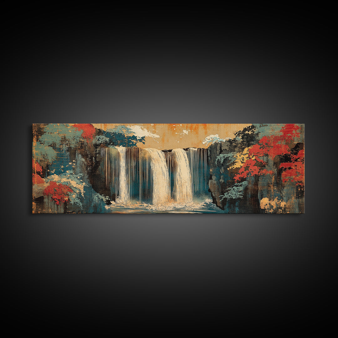 Misty Waterfall And Red Autumn Forest Wall Art, Japanese Landscape Canvas, Panoramic Nature Print, Serene Living Room Decor