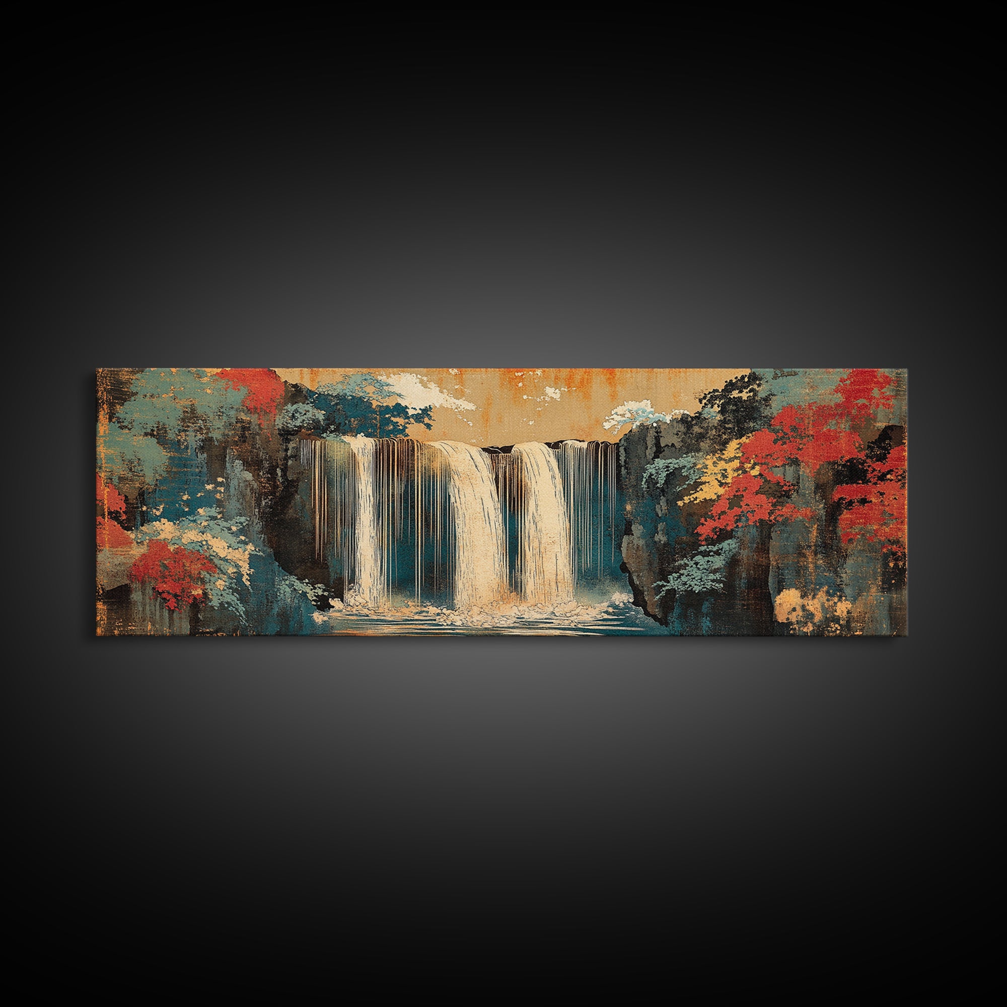 Misty Waterfall And Red Autumn Forest Wall Art, Japanese Landscape Canvas, Panoramic Nature Print, Serene Living Room Decor
