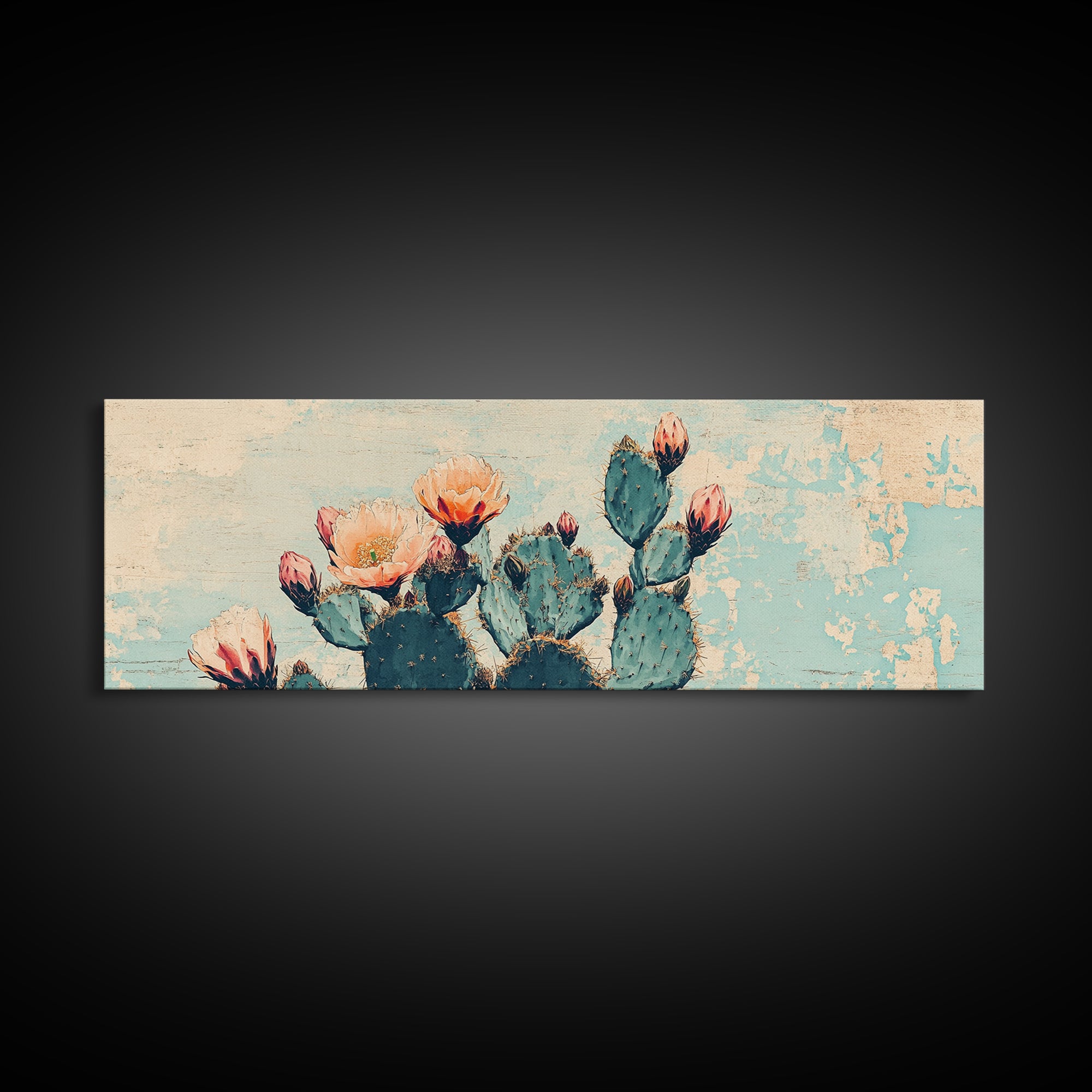 Blooming Prickly Pear Cactus Canvas Print, Southwestern Desert Wall Art, Floral Botanical Decor, Soft Blue Boho Home Decor