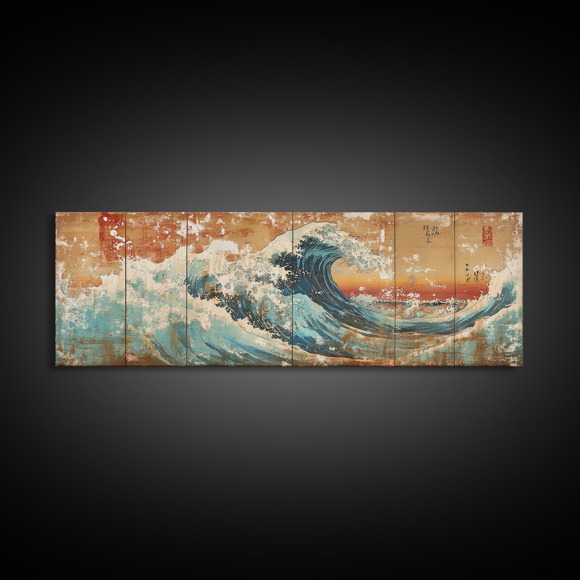 Great Japanese Wave With Golden Sky Canvas Print, Coastal Seascape Wall Art, Ocean Decor, Large Horizontal Living Room Art