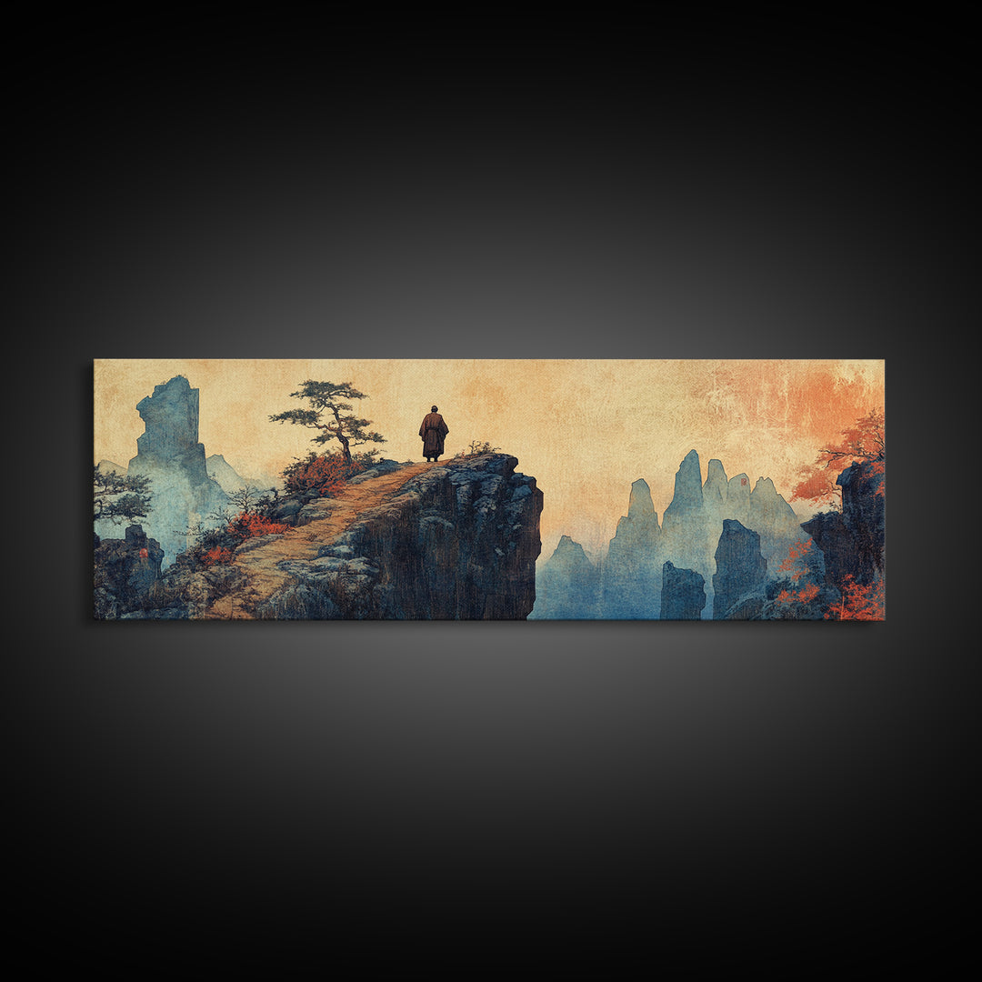 Solitary Monk On Cliff, Misty Asian Mountains Wall Art, Japanese Landscape Print, Zen Home Decor, Panoramic Canvas, Living Room Decor