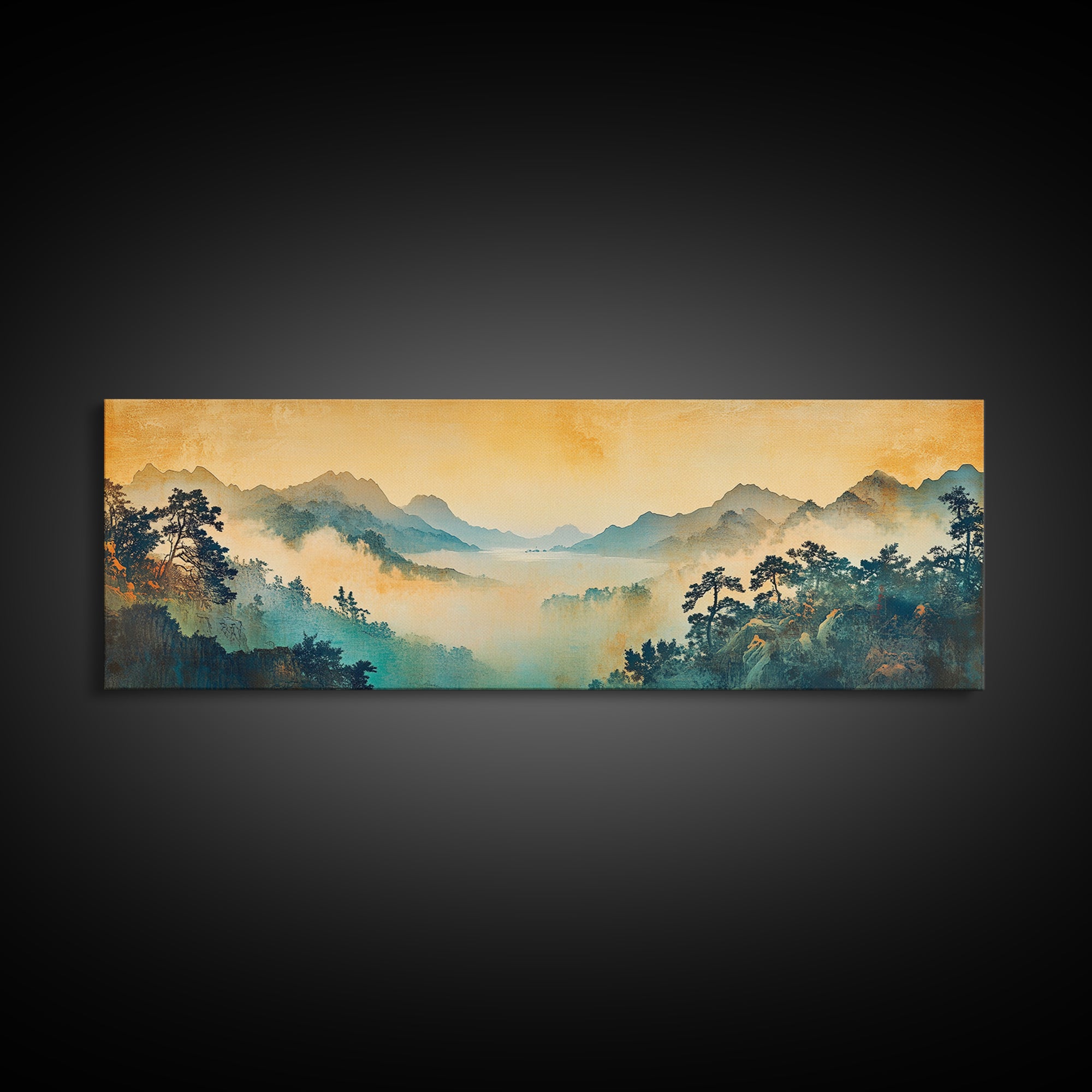 Misty Blue Mountain Valley Framed Canvas Print, Asian Landscape Wall Art, Zen Home Decor, Large Panoramic Nature Print, Office Decor