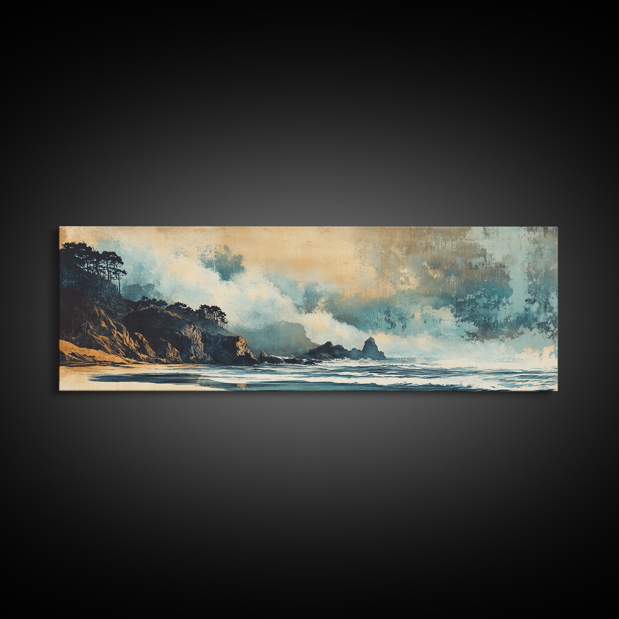 Stormy Coastal Waves And Dark Cliffs Canvas Print, Moody Seascape Wall Art, Ocean Decor, Beach House Living Room Art Print