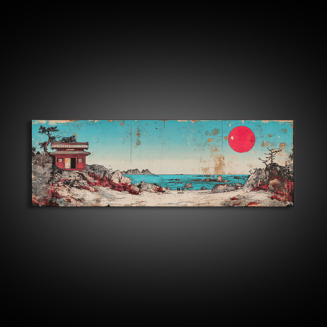 Seaside Shrine With Red Sun Wall Art, Japanese Coastal Print, Retro Pagoda Decor, Zen Ocean Landscape Canvas Gift For Home Decor