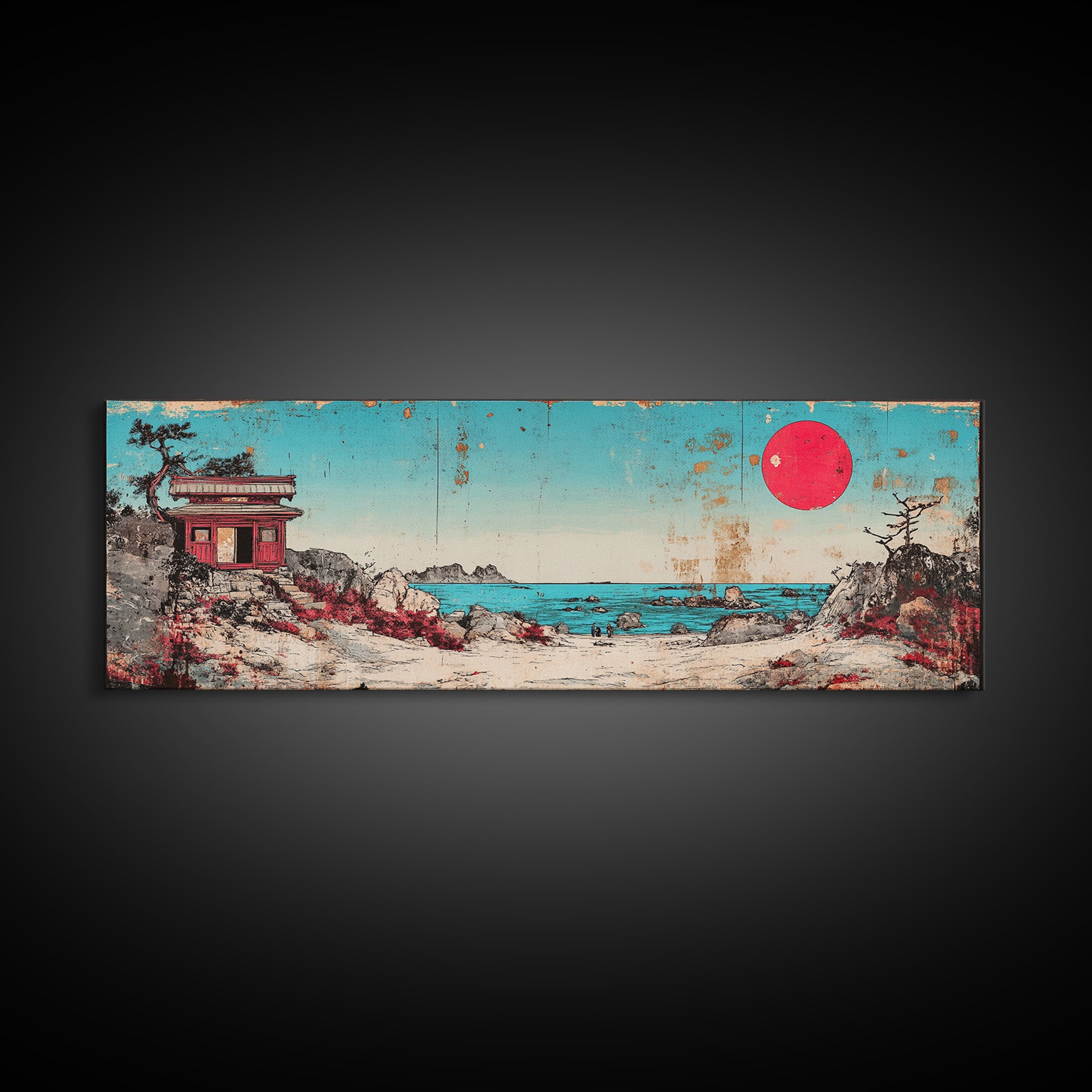 Seaside Shrine With Red Sun Wall Art, Japanese Coastal Print, Retro Pagoda Decor, Zen Ocean Landscape Canvas Gift For Home Decor