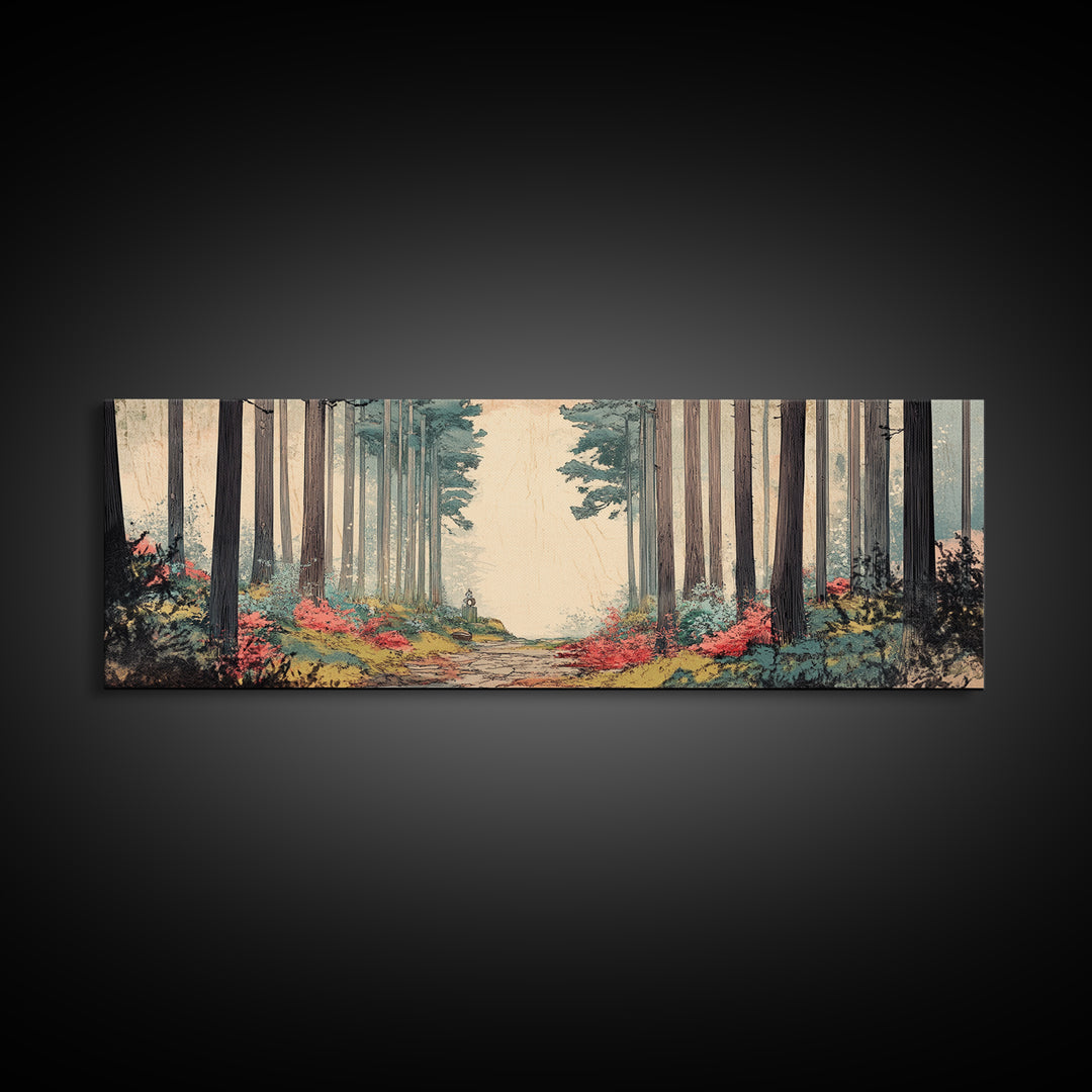 Misty Forest Path With Tall Pines Wall Art, Woodland Landscape Print, Japandi Nature Decor, Calming Office Canvas For Home