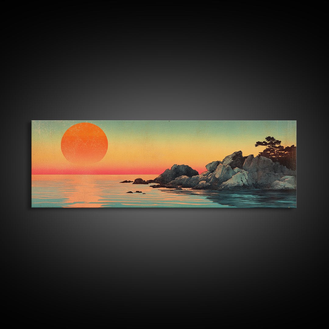 Orange Sunset Over Rocky Shore Wall Art, Japanese Coastal Seascape Print, Serene Ocean Decor, Large Horizontal Canvas Gift