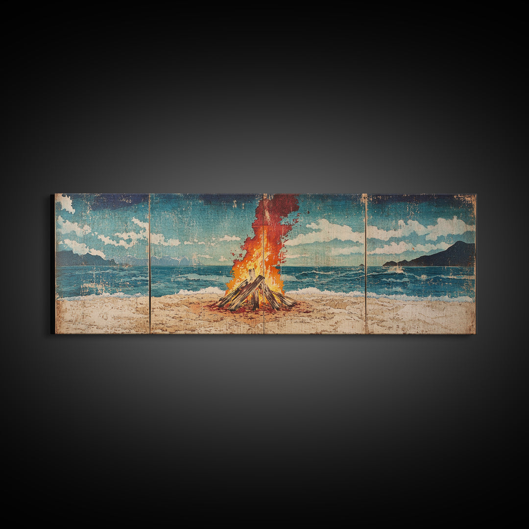 Beach Bonfire Beside Blue Ocean Wall Art, Coastal Triptych Print, Summer Seascape Decor, Large Framed Canvas Print Gift For Her