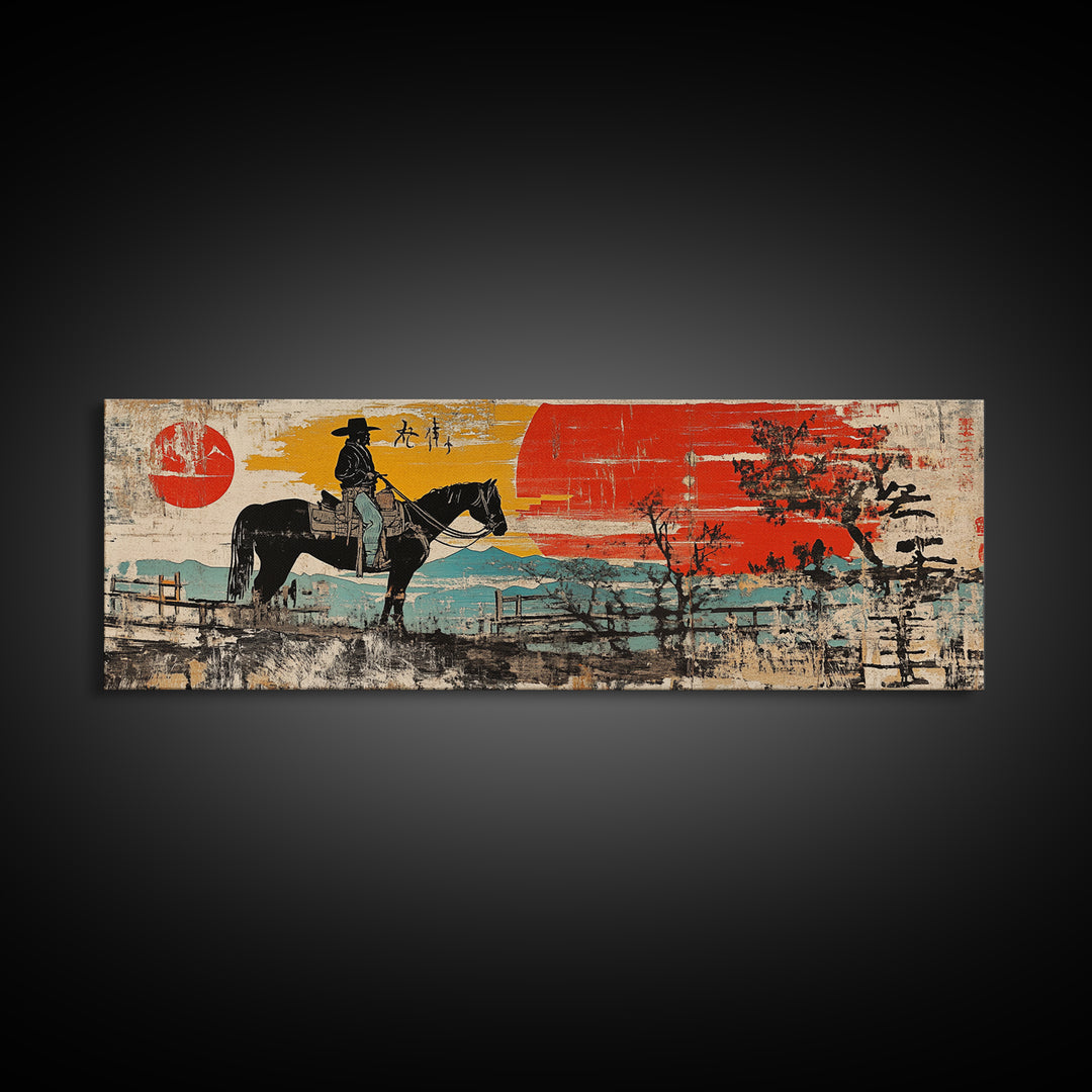 Cowboy On Horse By Red Barn Canvas Print, Rustic Western Landscape Wall Art, Farmhouse Country Decor, Ranch House Gift Idea