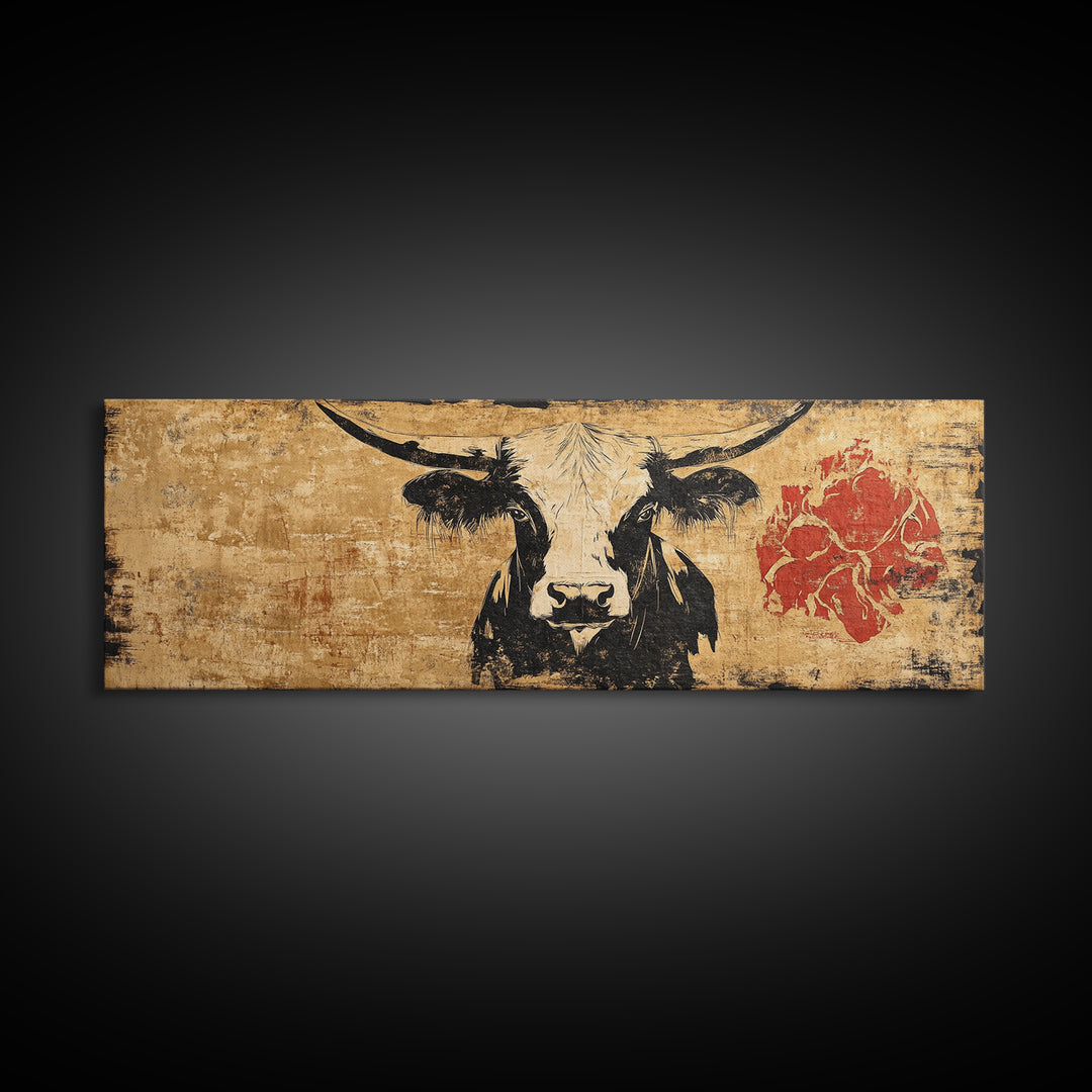 Black And White Longhorn Cow Wall Art, Rustic Western Canvas Print, Farmhouse Ranch Decor, Southwest Animal Poster Print