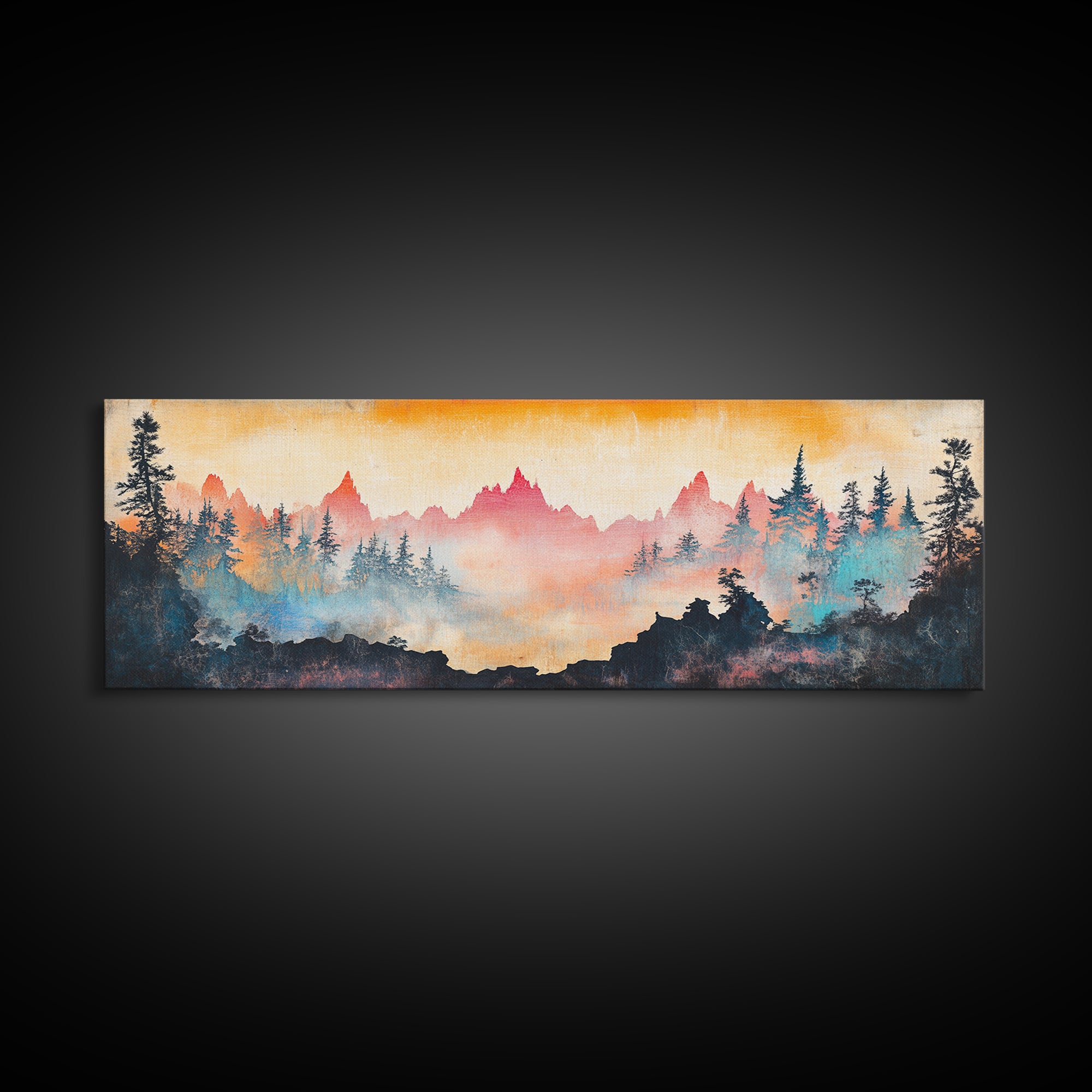 Misty Mountain Forest Sunrise Canvas Print, Panoramic Landscape Wall Art, Nature Inspired Living Room Home Decor, Cabin Decor