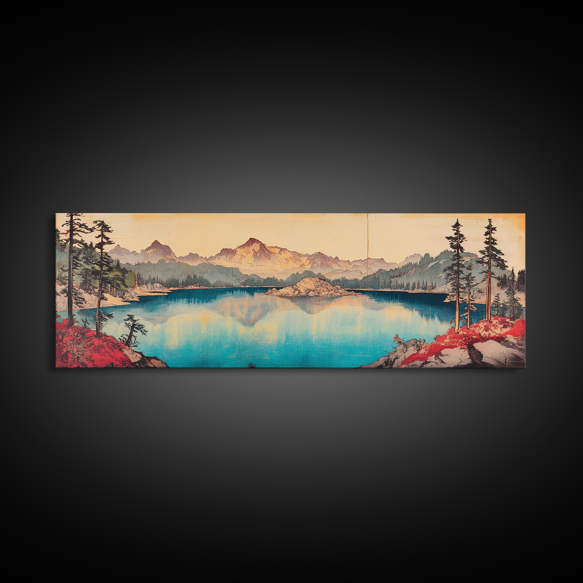 Turquoise Alpine Lake And Pine Mountain Wall Art, Panoramic Landscape Canvas Print, Rustic Cabin Living Room Home Decor Print