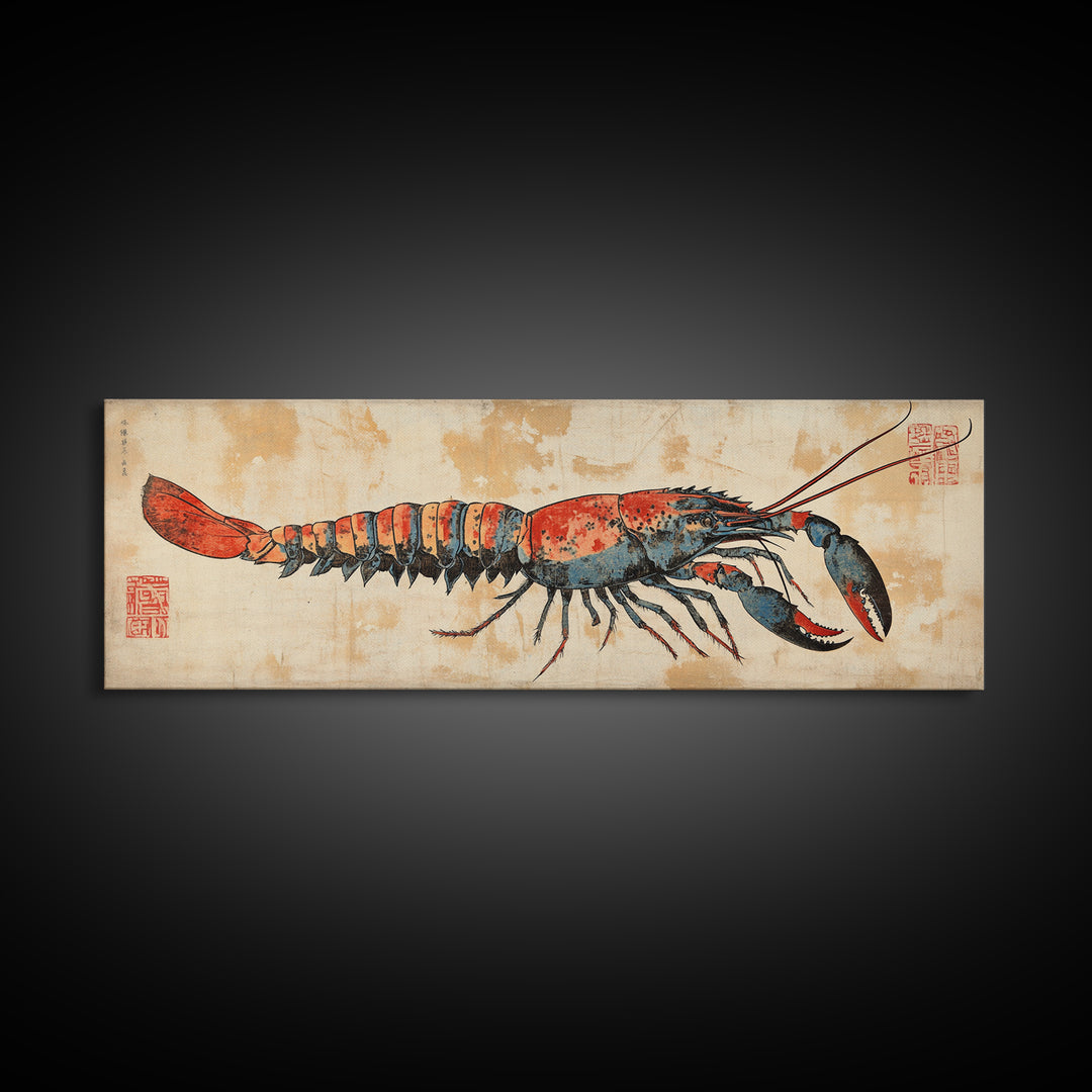 Red Lobster Illustration On Aged Parchment Wall Art, Nautical Seafood Canvas Print, Coastal Kitchen Dining Room Decor Foodie Gift