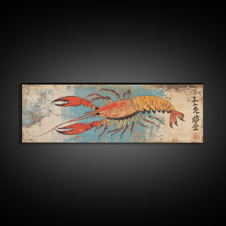 Orange Lobster On Weathered Blue Background Wall Art, Nautical Seafood Canvas Print, Coastal Kitchen Dining Room Decor Gift