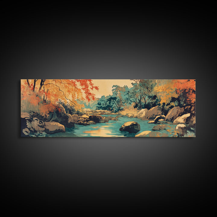 Autumn Forest River With Rocks Wall Art, Rustic Landscape Canvas Print, Warm Nature Living Room Cozy Cabin Home Decor Gift