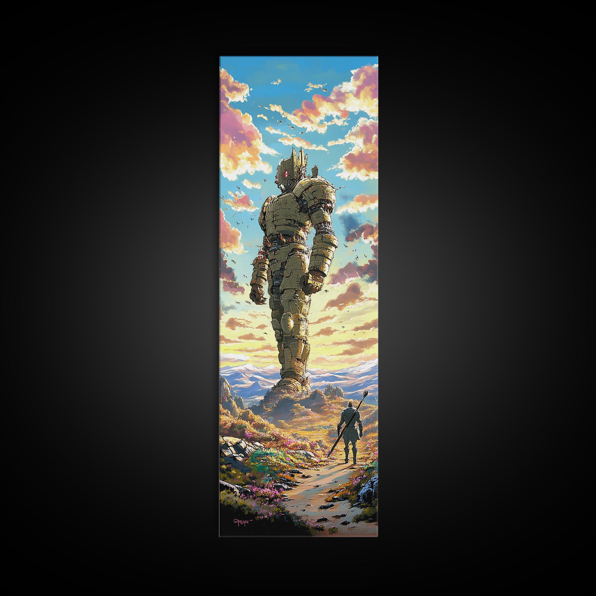 Colossal Stone Golem In Sunset Valley Wall Art, Fantasy Landscape Canvas Print, Epic Sci Fi Decor For Gamer Room And Living Room