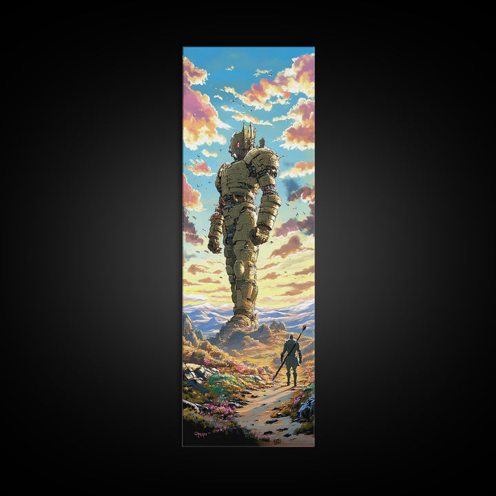 Colossal Stone Golem In Sunset Valley Wall Art, Fantasy Landscape Canvas Print, Epic Sci Fi Decor For Gamer Room And Living Room