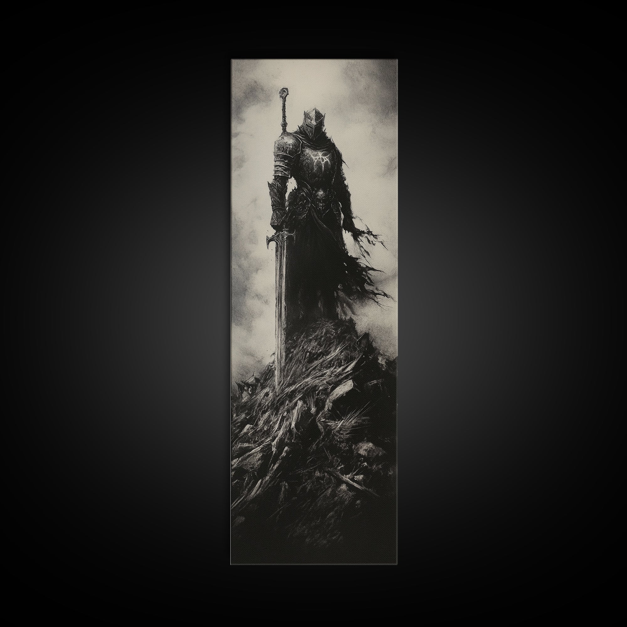 Dark Armored Knight With Sword Black And White Wall Art, Gothic Fantasy Canvas Print, Dark Academia Decor, Gift For Him Or Office Decor