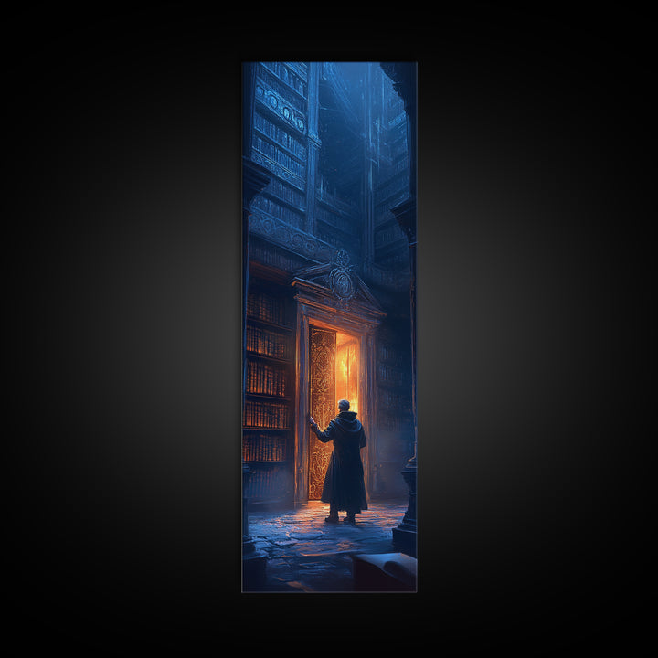 Glowing Portal Door In Dark Gothic Library Wall Art, Fantasy Bookstore Canvas Print, Dark Academia Decor For Reading Nook