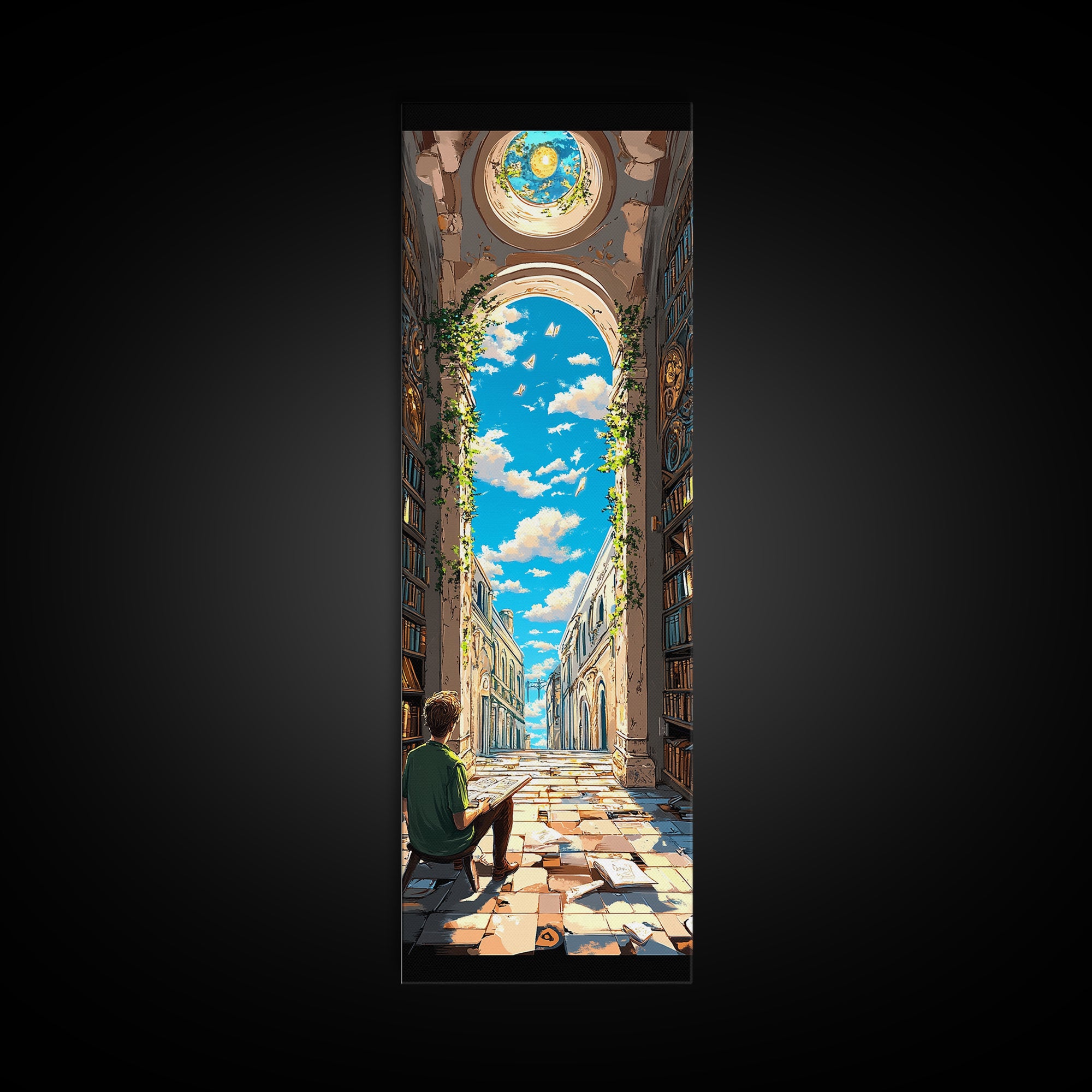 Sunlit Ruined Library Hall With Open Sky Wall Art, Whimsical Fantasy Canvas Print, Book Lover Decor For Reading Nook And Home Library
