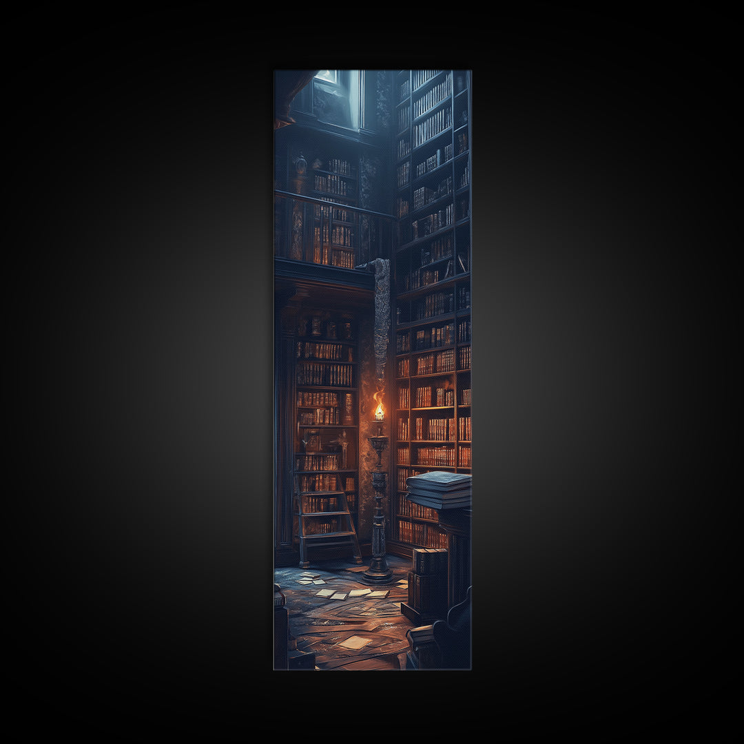 Moody Old Library With Tall Shelves And Candlelight Wall Art, Dark Academia Canvas Print, Gothic Home Library Wall Decor