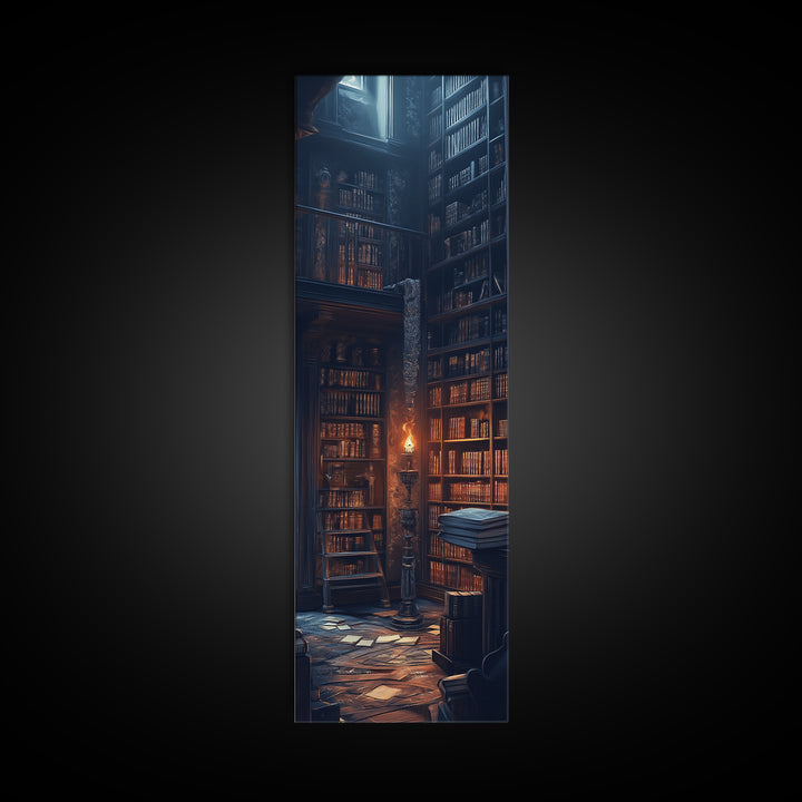 Moody Old Library With Tall Shelves And Candlelight Wall Art, Dark Academia Canvas Print, Gothic Home Library Wall Decor