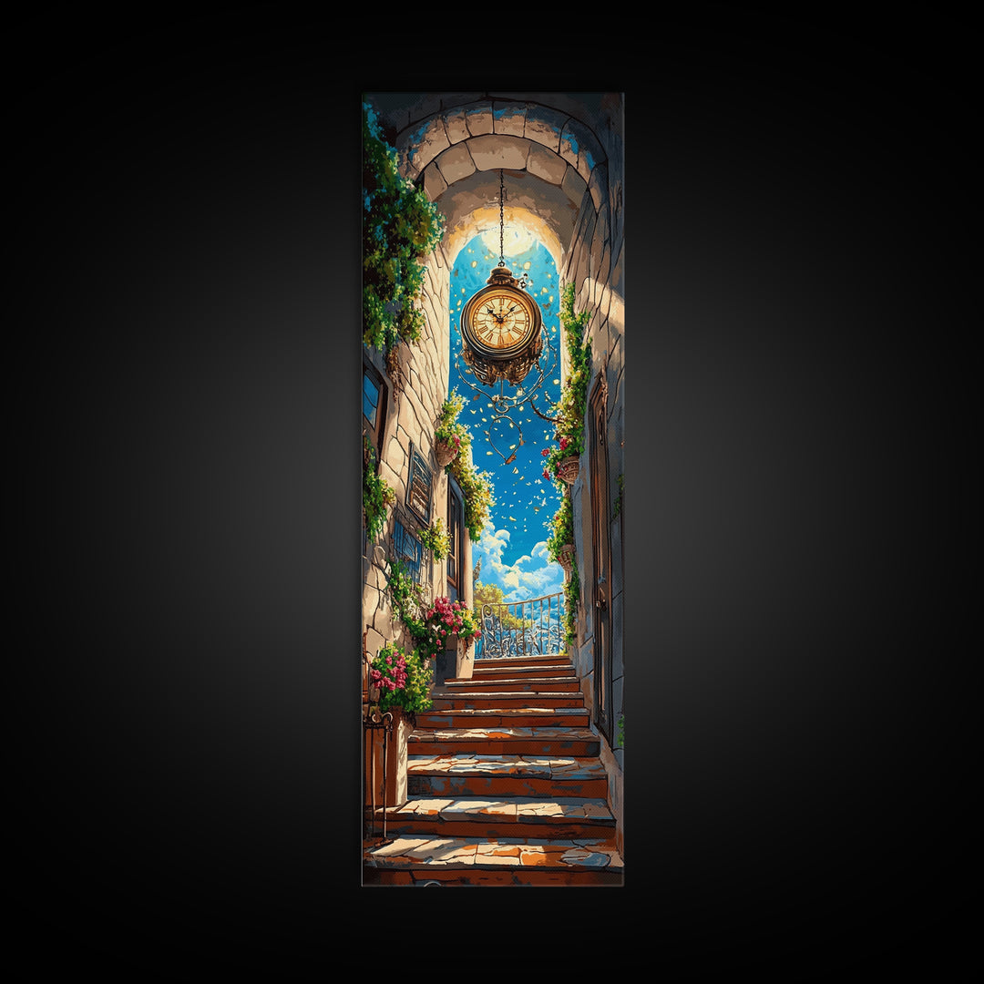 Golden Hanging Clock In Sunlit Stone Alley Wall Art, Fantasy City Canvas Print, Whimsical Travel Poster, Entryway Decor Gift