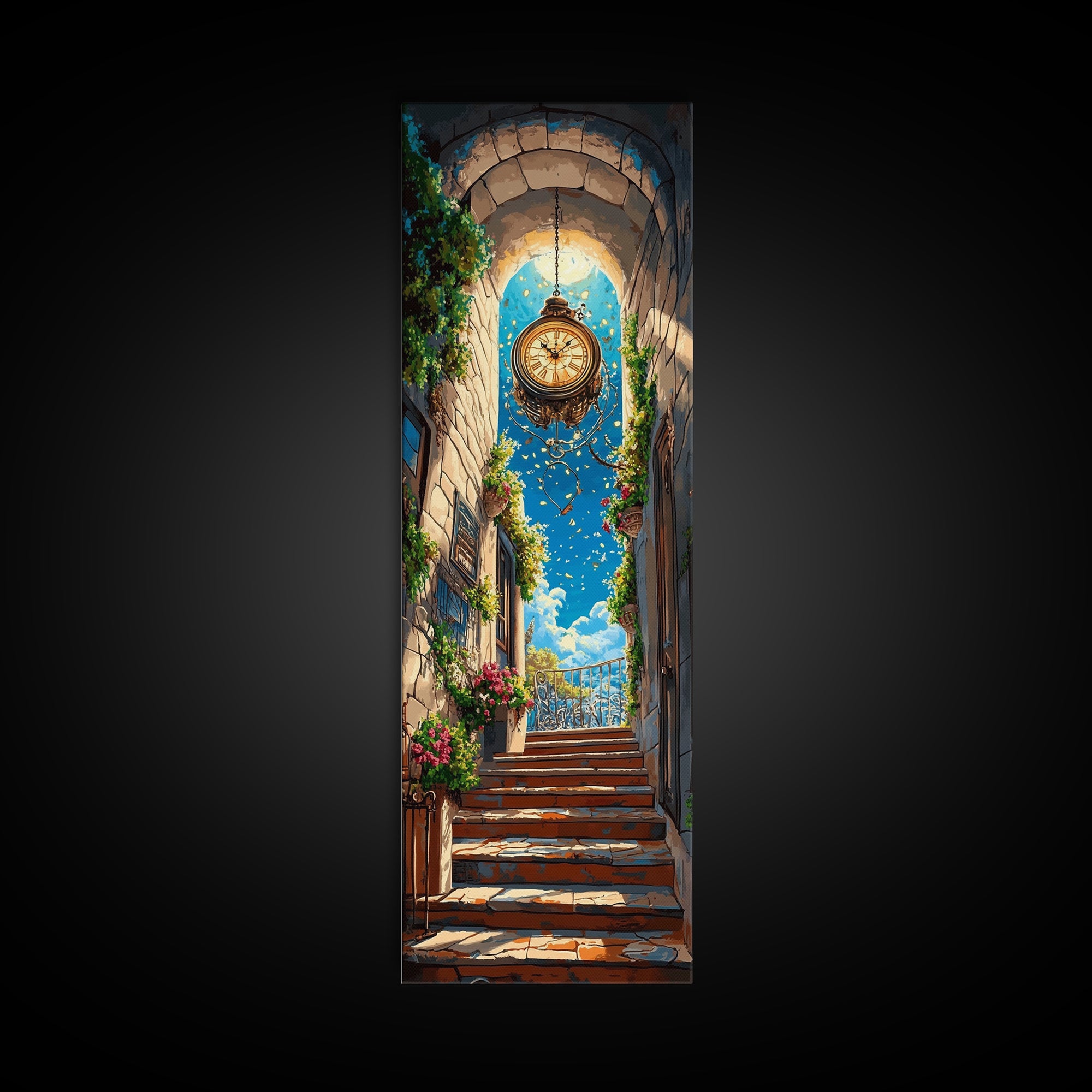 Golden Hanging Clock In Sunlit Stone Alley Wall Art, Fantasy City Canvas Print, Whimsical Travel Poster, Entryway Decor Gift
