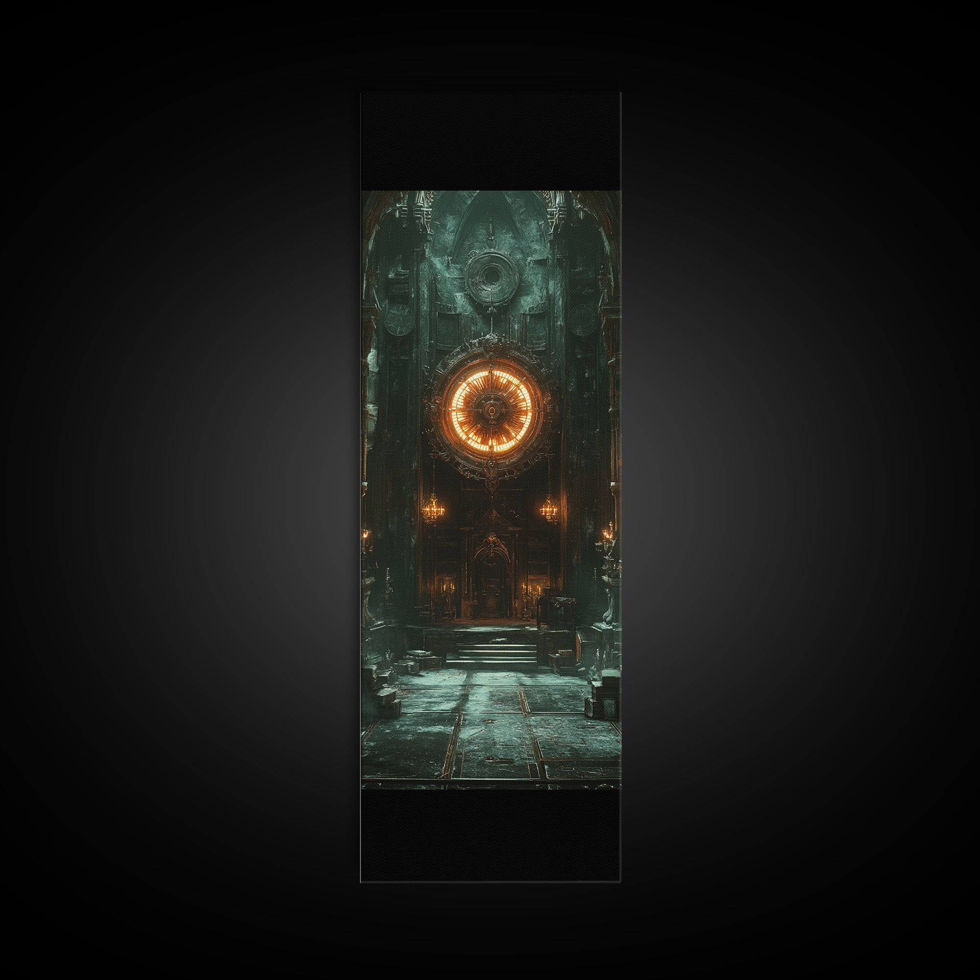 Glowing Astral Clock Door In Gothic Hall Wall Art, Dark Fantasy Canvas Print, Steampunk Decor, Moody Entryway Art For Office