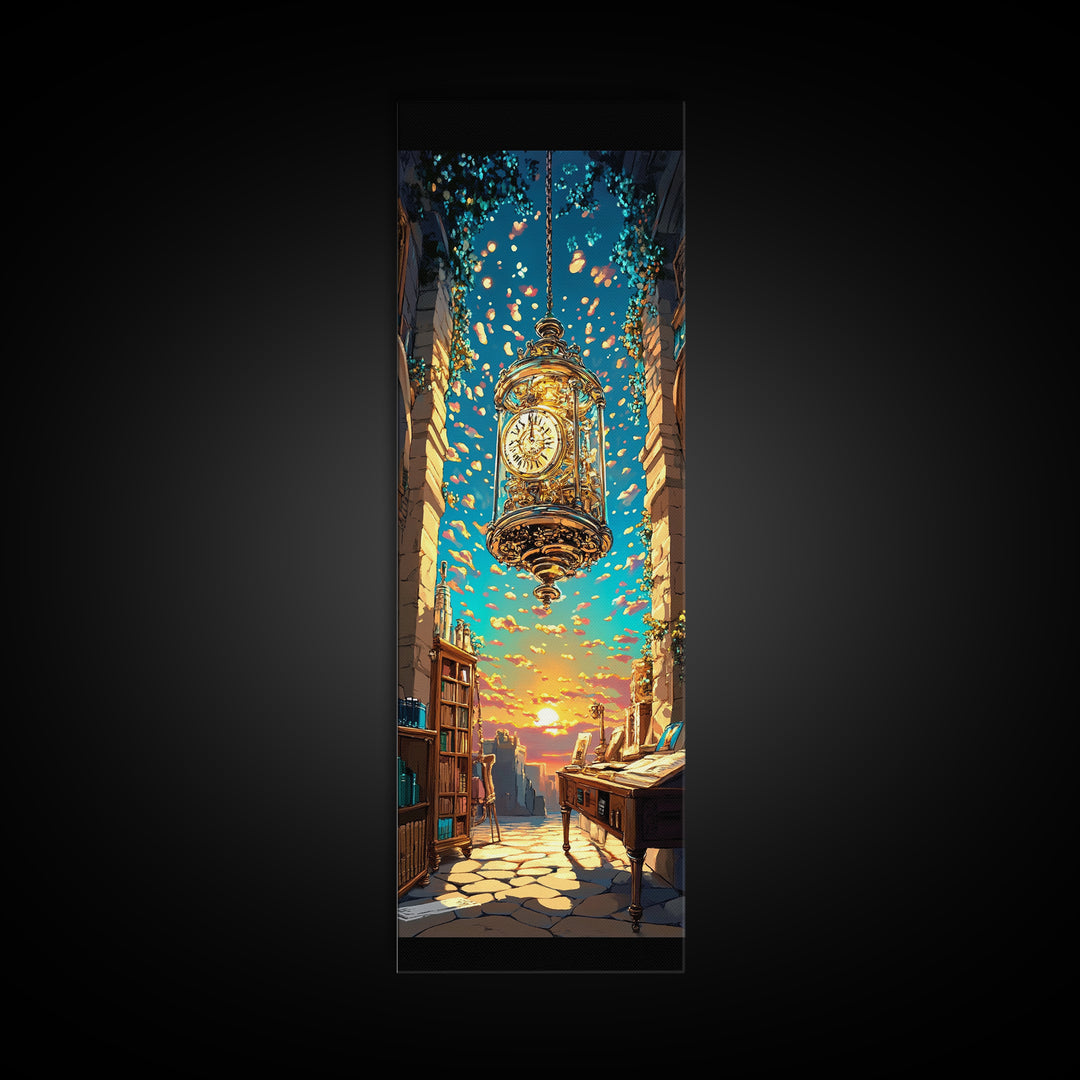 Floating Golden Clock Over Sunset Alley Wall Art, Whimsical Fantasy Canvas Print, Bookshop Travel Decor, Unique Gift For Her