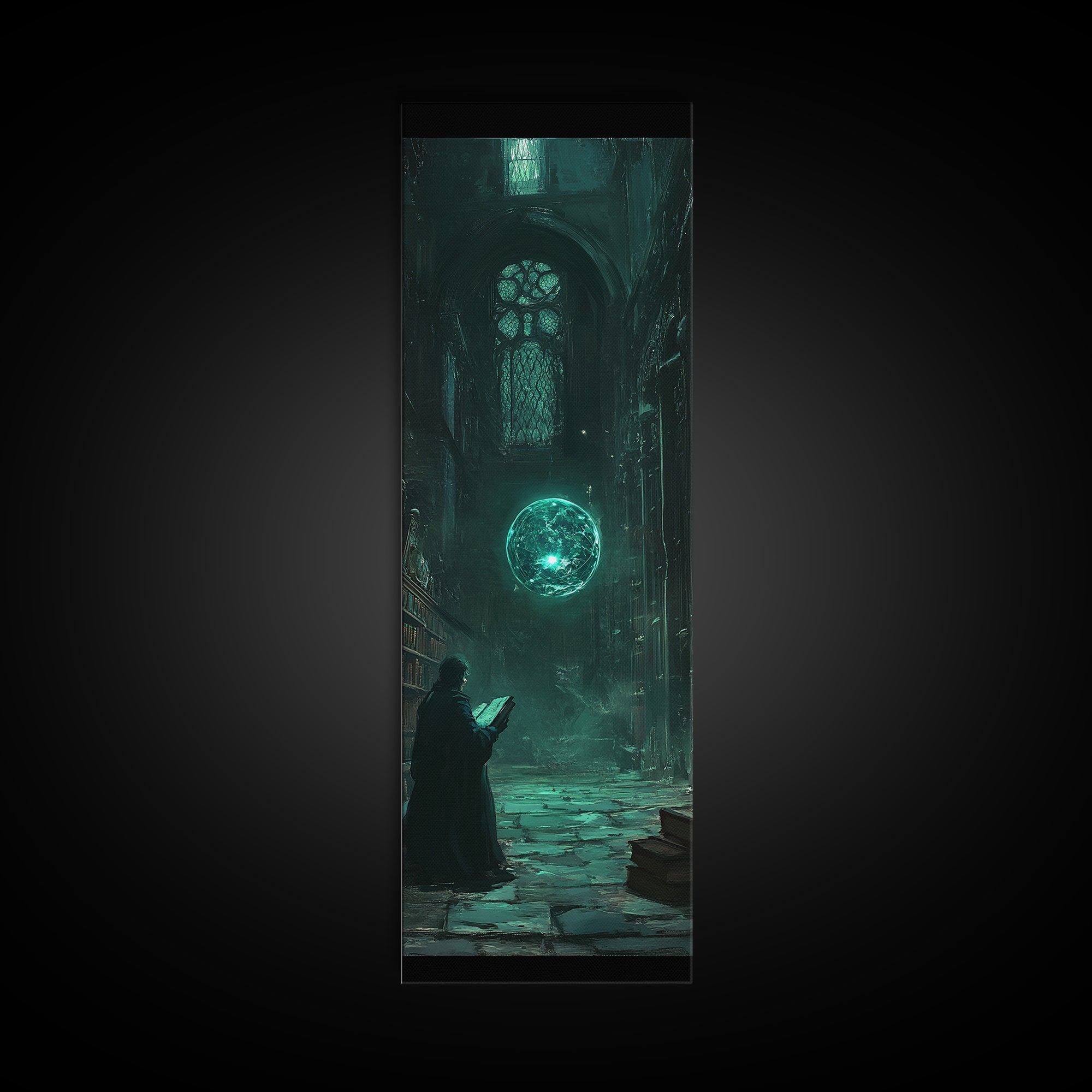 Dark Gothic Library With Teal Magic Orb Wall Art, Fantasy Castle Decor, Dark Academia Print, Moody Reading Nook Artwork Gift