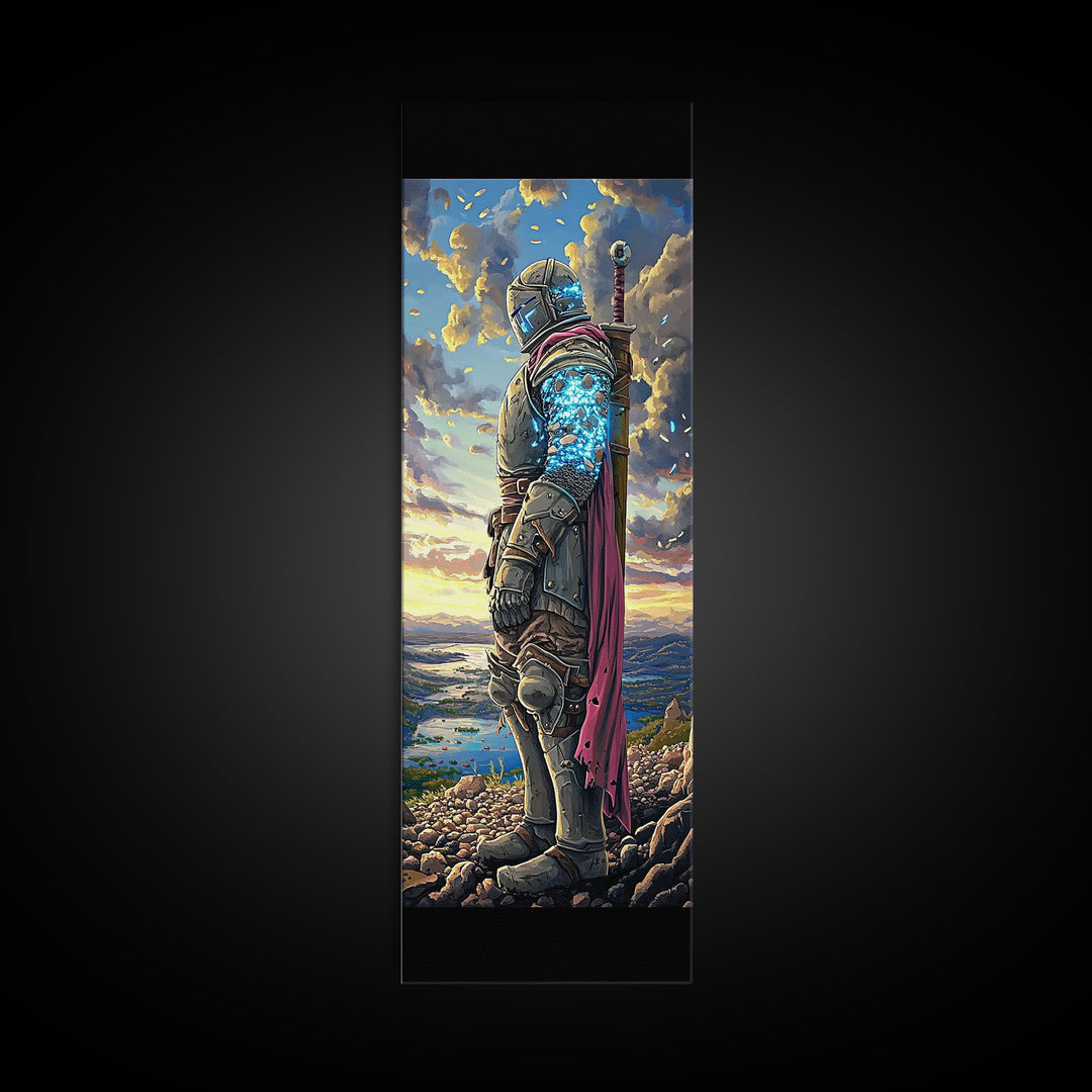 Glowing Blue Crystal Knight At Sunset Framed Canvas Print, Fantasy Wall Art, Medieval Warrior Decor, Gamer Room Gift For Him