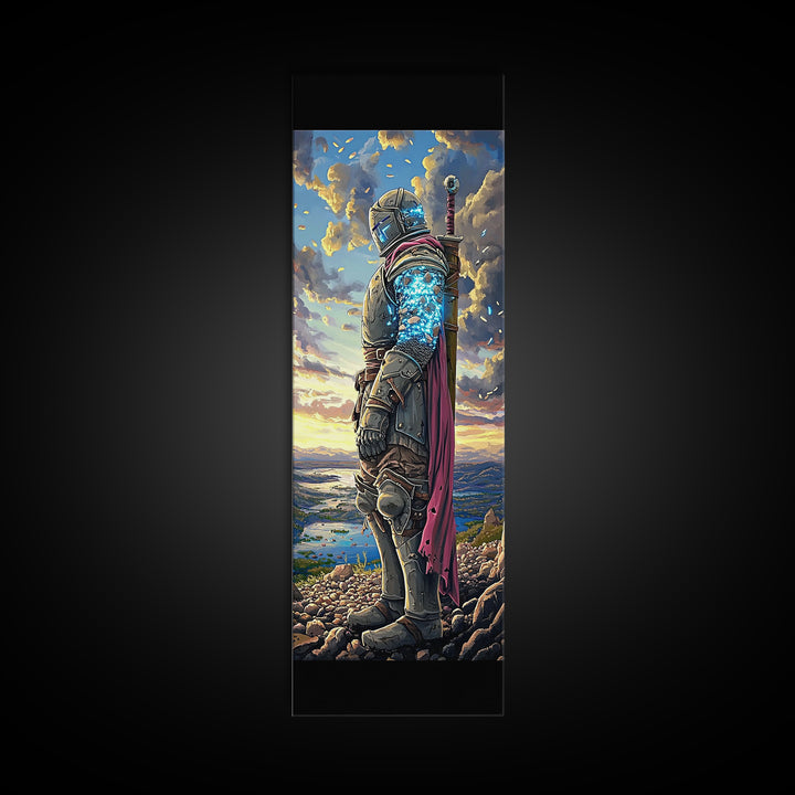 Glowing Blue Crystal Knight At Sunset Framed Canvas Print, Fantasy Wall Art, Medieval Warrior Decor, Gamer Room Gift For Him